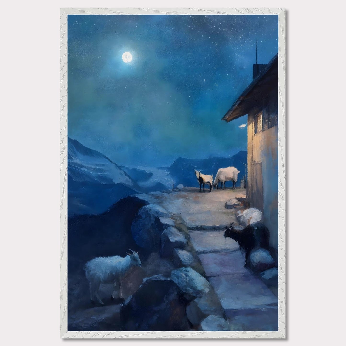 A full moon glows above a tranquil alpine scene, where goats linger quietly near a mountain hut. The sky shimmers with stars, the landscape wrapped in soft blues and shadows. There’s no rush here — only the deep breath of night.