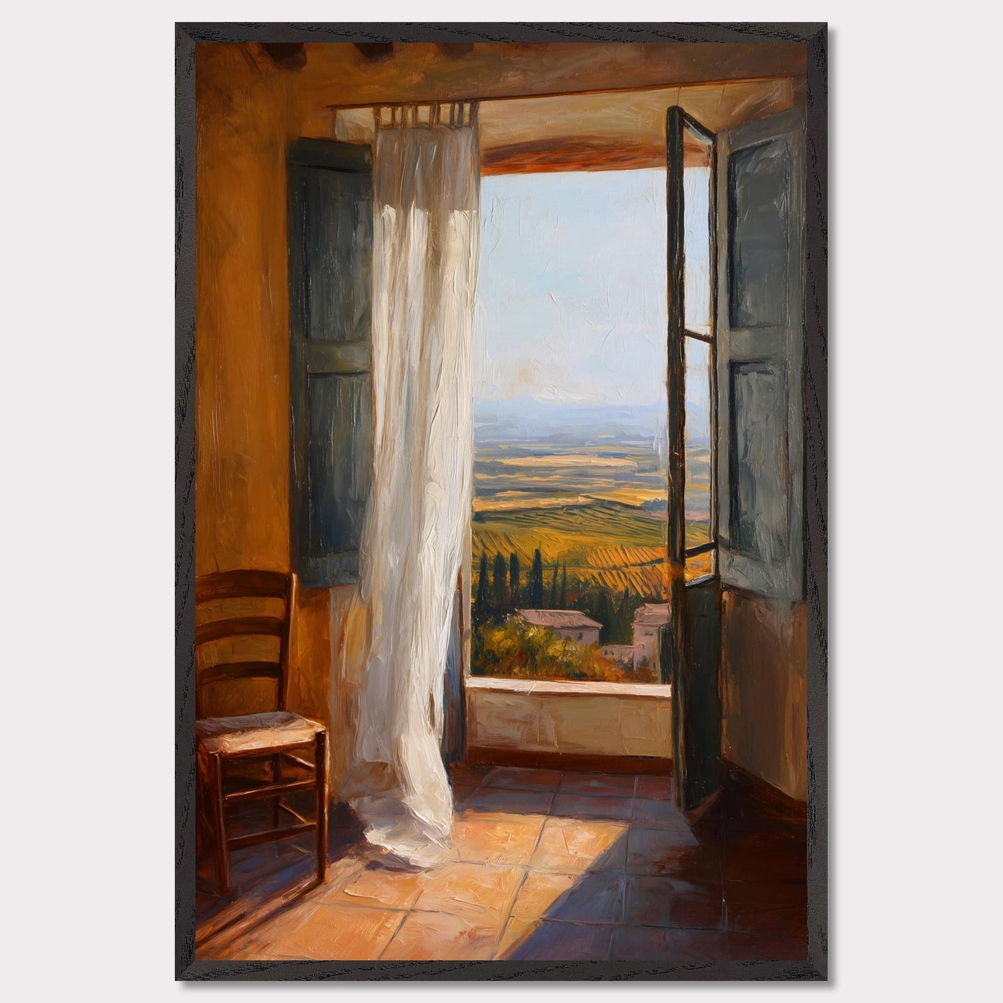 A sheer curtain lifts in warm air as golden vineyards unfold beneath a terracotta sill. A simple wooden chair waits in sunlit silence. This image is a breath of stillness, an ode to rhythm, warmth, and space.