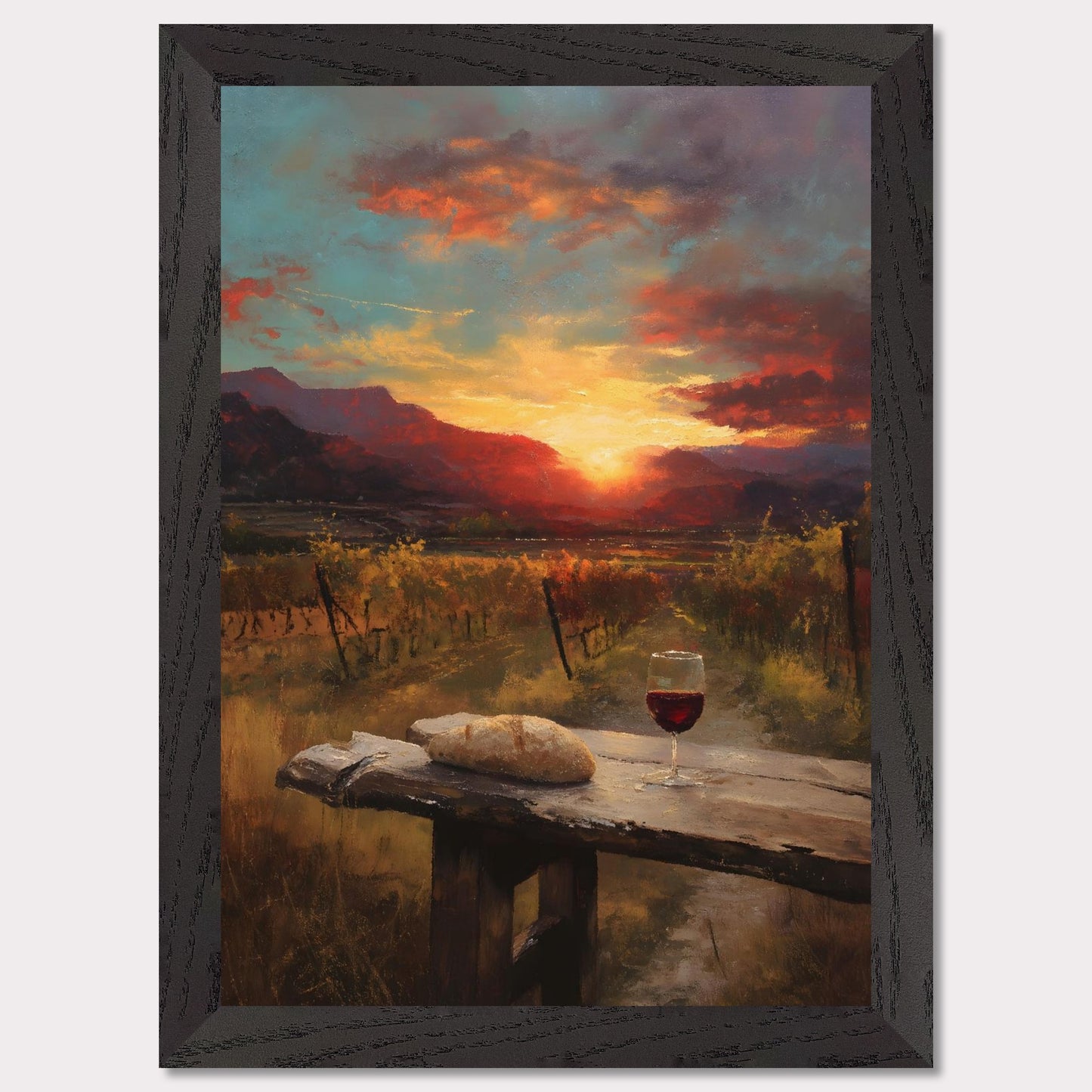 A vineyard stretches toward a fiery sunset, with a rustic table in the foreground holding a loaf and a glass of wine. The landscape glows in rich ambers and reds — a toast to simplicity and warmth.