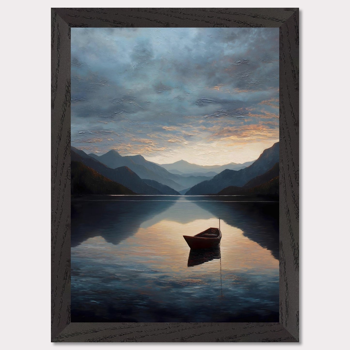 A single red boat floats gently on a vast, darkening lake as mountains fade into layered blues. The sunset brushes the clouds and water with soft amber and grey. A perfect study in stillness, solitude, and awe.