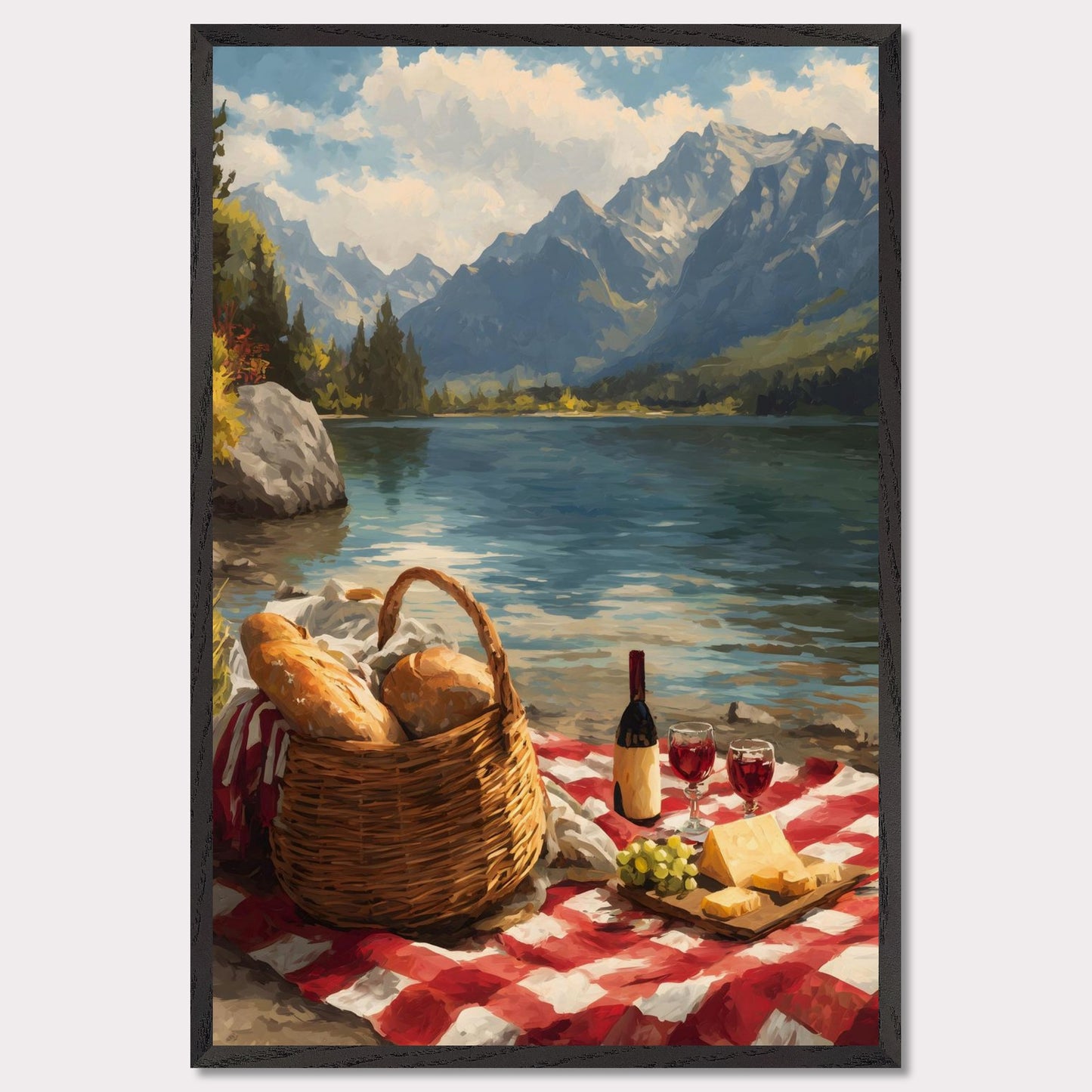 A checkered blanket lies beside a glistening lake, topped with fresh bread, wine, cheese, and grapes. Behind it all, towering mountains create a breathtaking backdrop. The scene celebrates indulgence, nature, and the timeless art of slowing down.