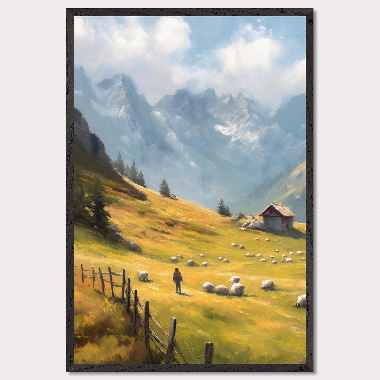 A shepherd tends his flock in a golden mountain pasture, surrounded by dramatic peaks and old-world charm. The wooden fence and cabin speak of a slower, enduring lifestyle. Bathed in warm light, this image transports viewers to a timeless Alpine morning.