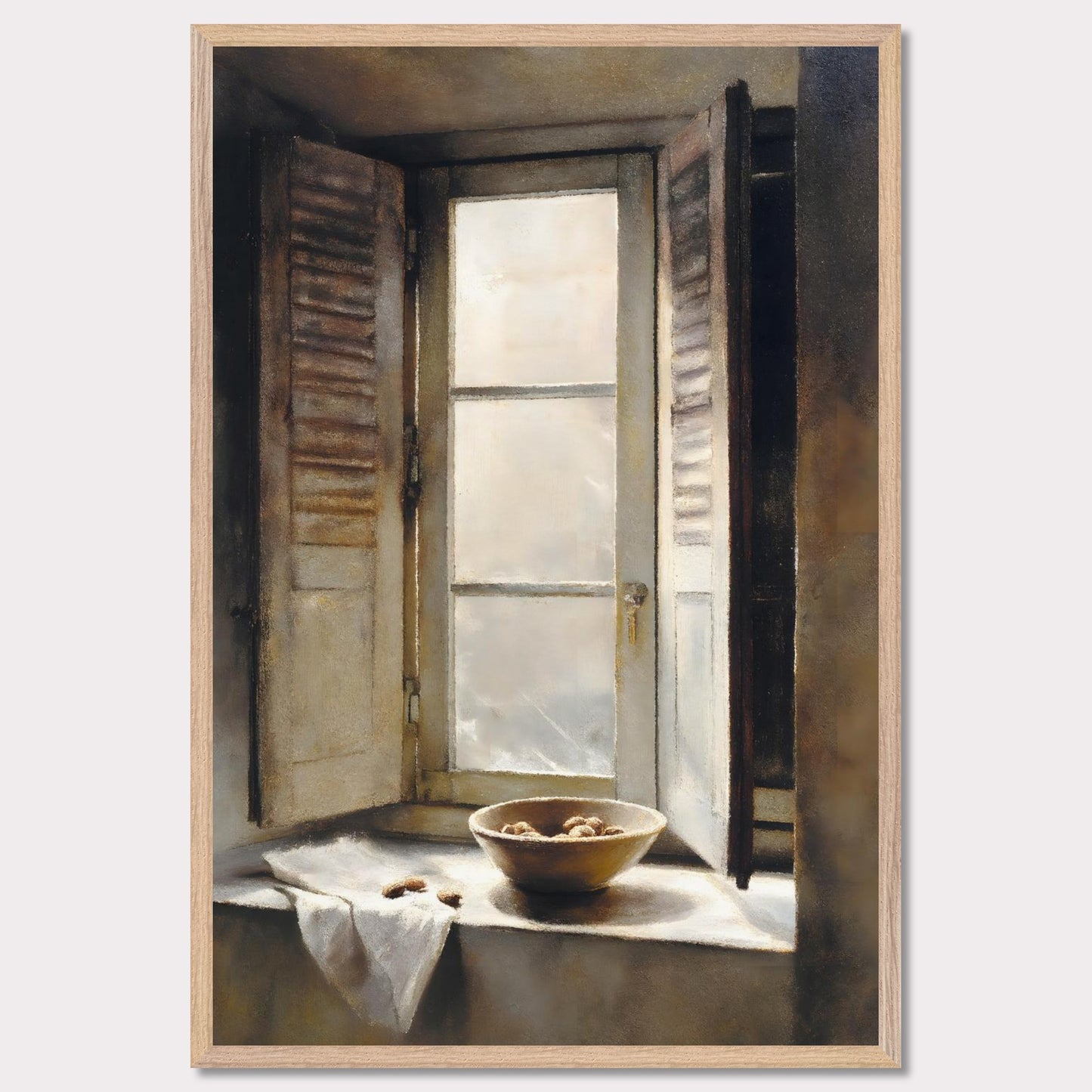 Golden light streams through an old shuttered window, catching the edge of a ceramic bowl filled with walnuts. A linen cloth rests gently nearby, suggesting quiet hands and slow mornings. This image is domestic poetry — a tribute to texture, stillness, and time.