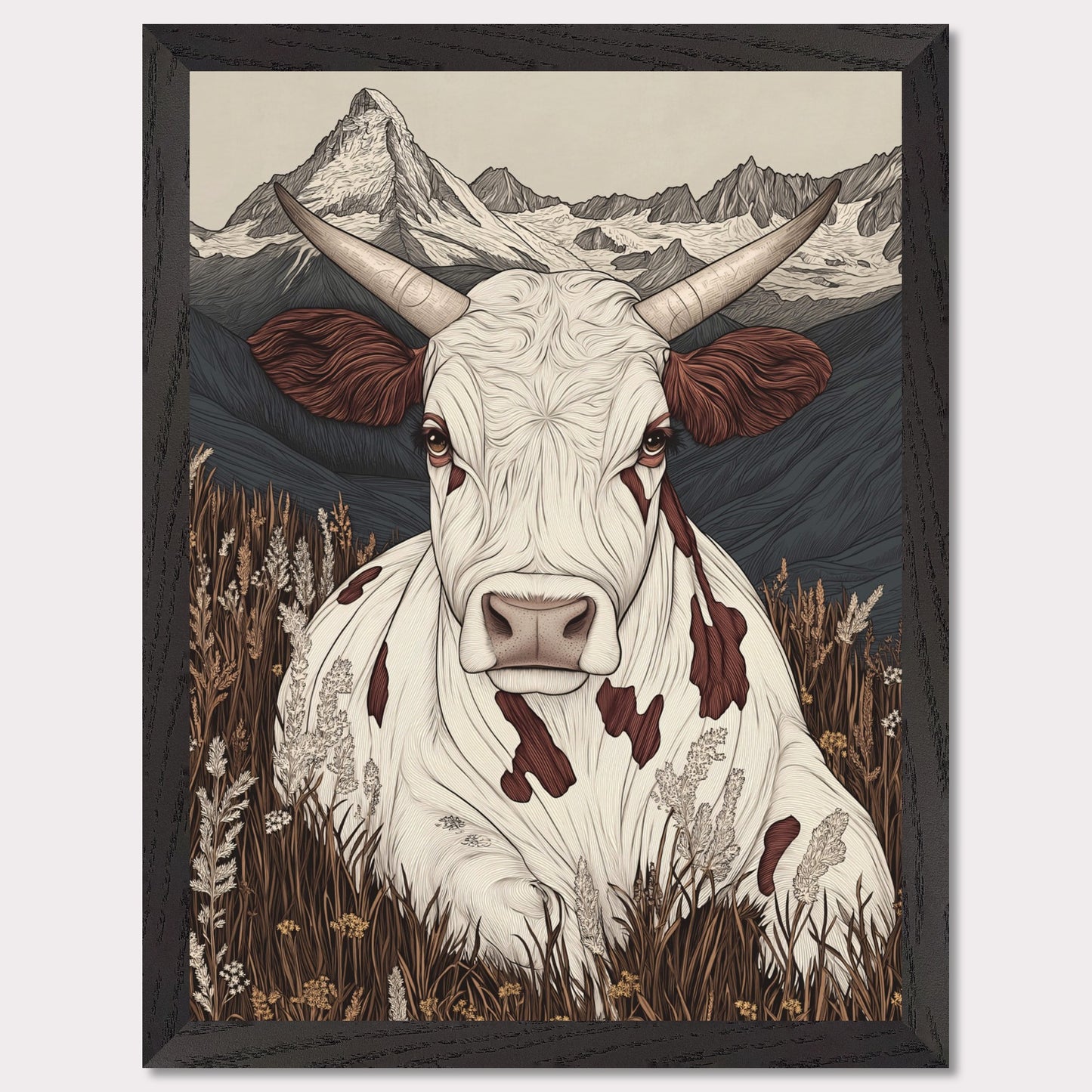 This beautifully detailed poster portrays a tranquil scene of alpine life with a focus on the harmonious connection between nature and animals. A striking cow with intricate features gazes directly at the viewer, creating a sense of intimacy, while the majestic Matterhorn looms in the background. The combination of soft earth tones and delicate linework evokes a rustic yet modern aesthetic.