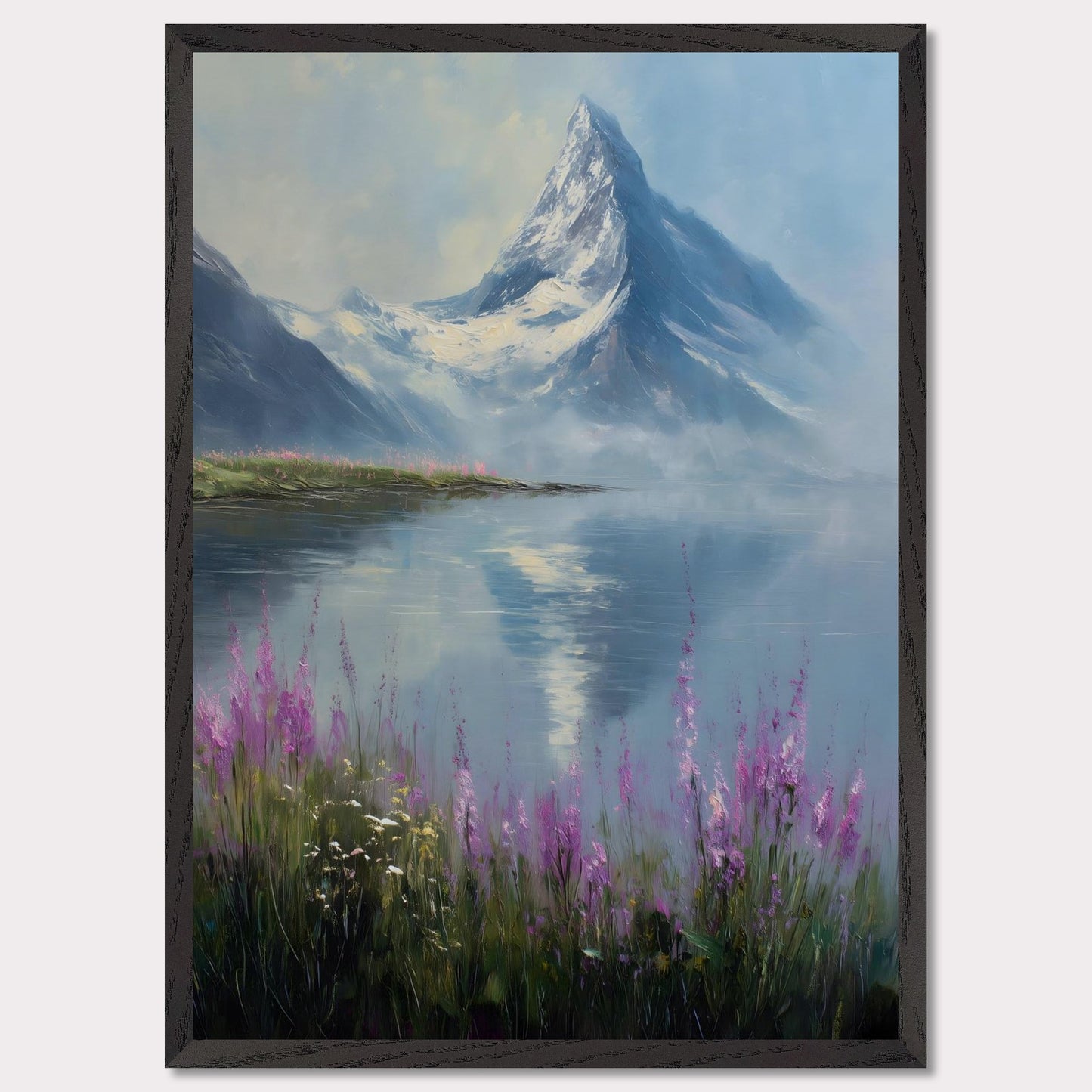 Snow-dusted Matterhorn rises over a lake fringed with fireweed in bloom. Reflections shimmer, colors merge in peace. This image is a mountain hush, an ode to bloom, ice, and awe.