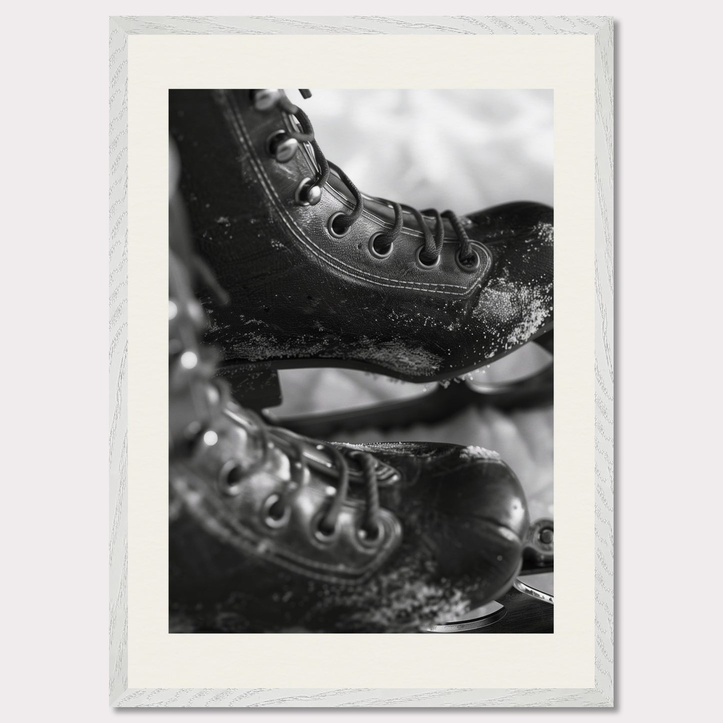 This illustration shows a close-up of a pair of ice skates with laces and blades, featuring a frosty texture. The black-and-white image captures the details of the skates, emphasizing their rugged and worn appearance.