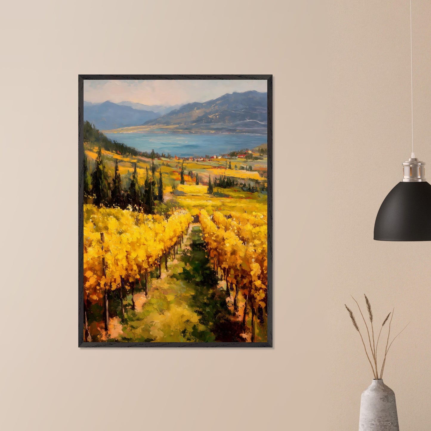 A row of sunlit grapevines leads into rolling fields above the lake. Cypress trees and red roofs add rhythm to the patchwork. This image is a painter’s geometry, an ode to land, season, and order.