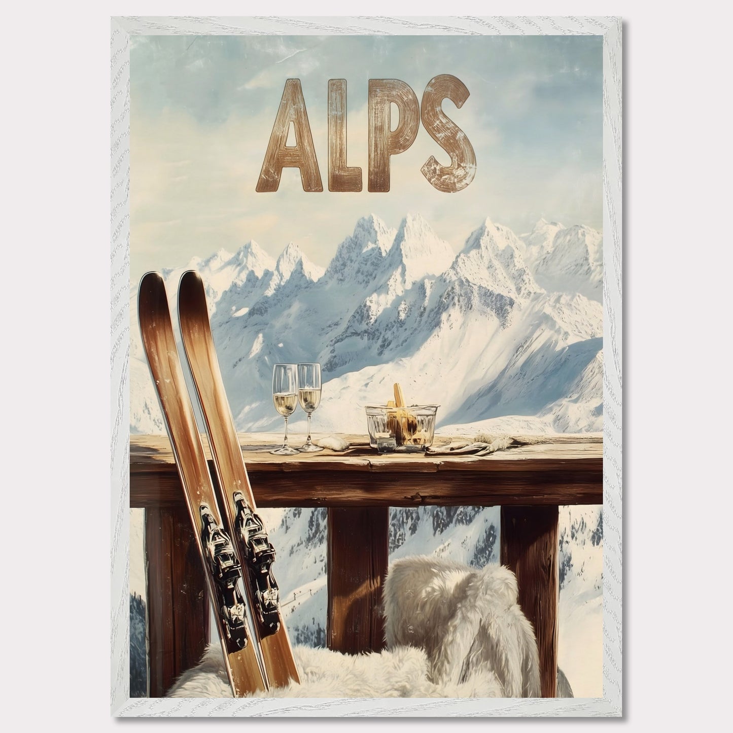 This vibrant poster captures the charm of après-ski culture with a rustic wooden terrace overlooking snow-covered mountains. The warm textures of fur throws and the elegant wine glasses create an inviting post-ski ambiance.