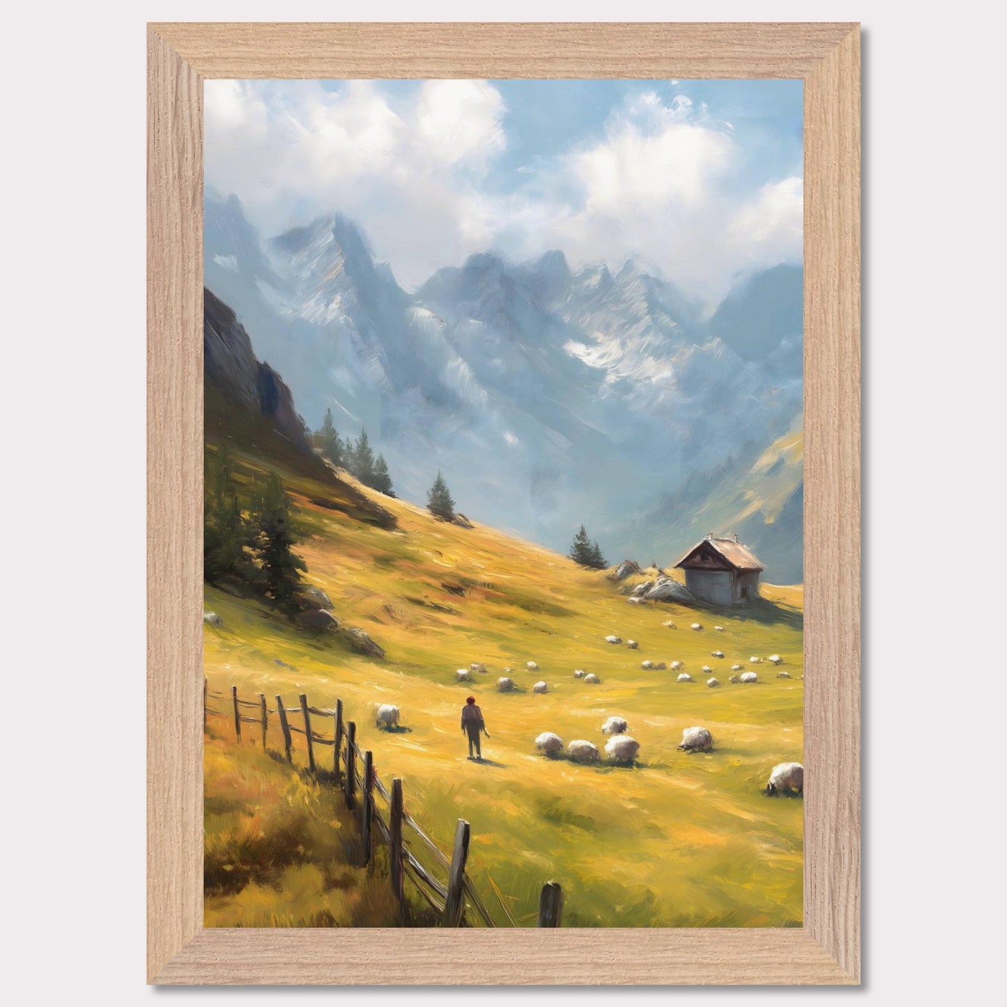 A shepherd tends his flock in a golden mountain pasture, surrounded by dramatic peaks and old-world charm. The wooden fence and cabin speak of a slower, enduring lifestyle. Bathed in warm light, this image transports viewers to a timeless Alpine morning.