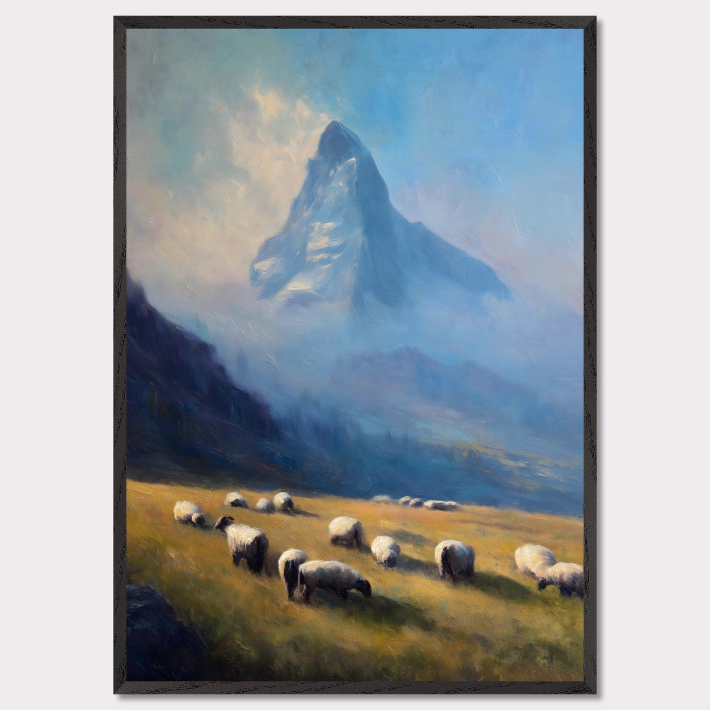 A flock grazes in soft alpine grass as the blue-shadowed Matterhorn rises beyond. Mist curls through the valley’s hush. This image is a gentle morning, an ode to scale, quiet, and presence.