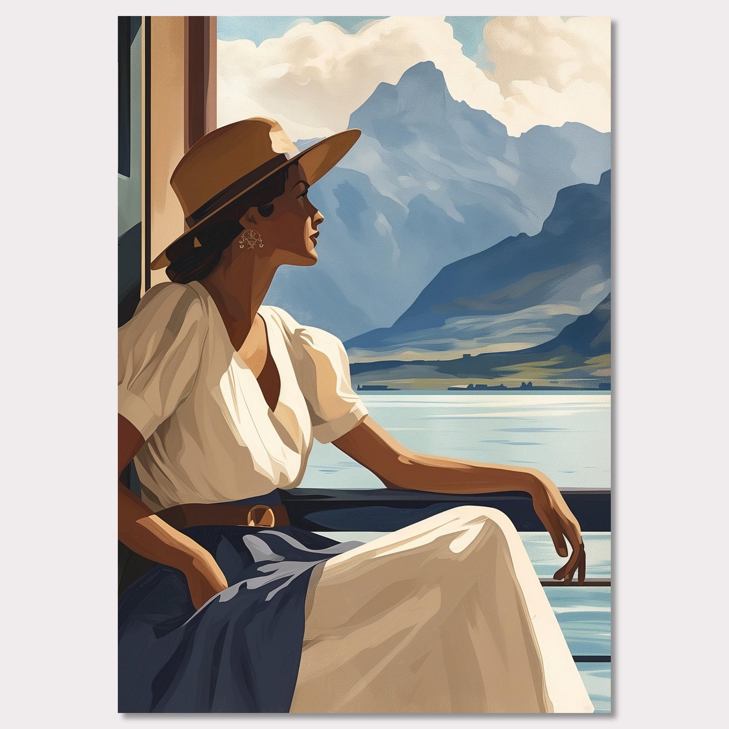 Poster titled 'Girl near mountain water Poster' from ArtDarts
