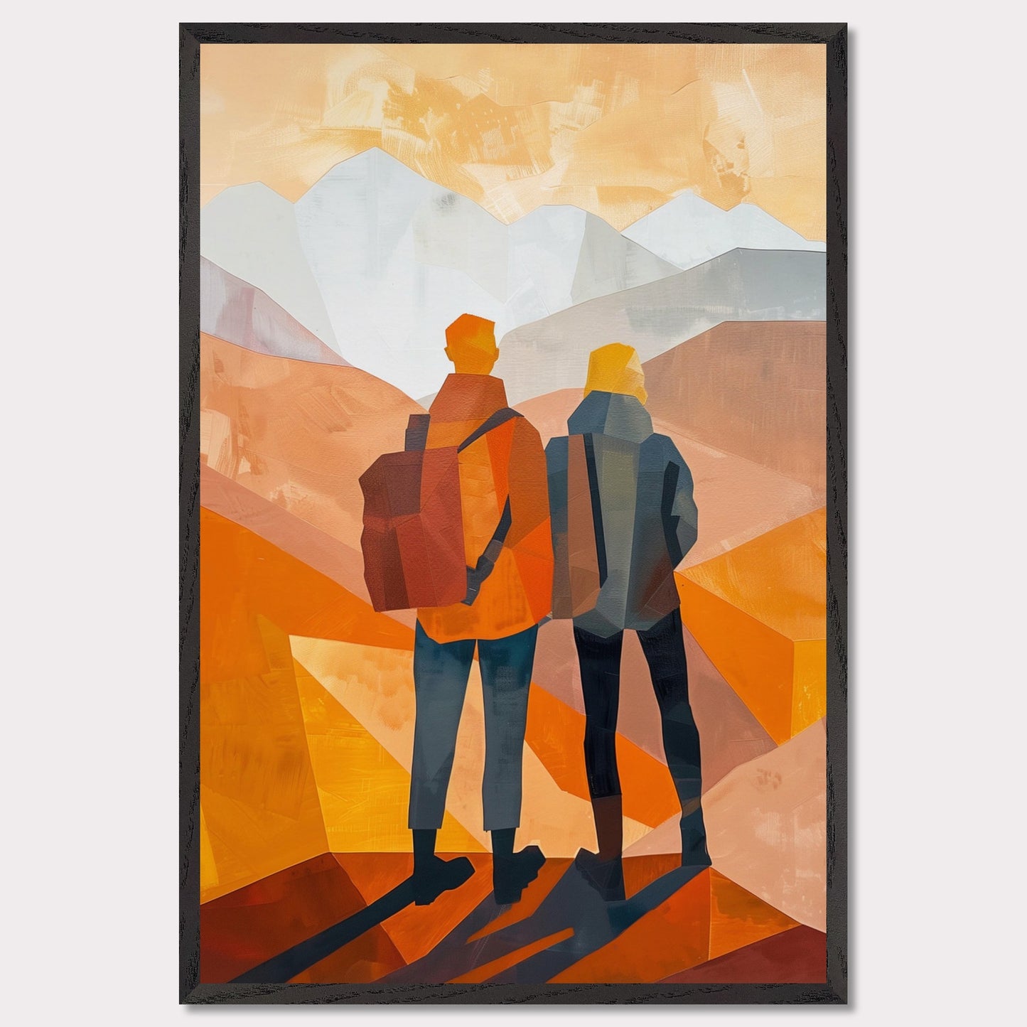 This illustration depicts two figures standing side by side, gazing at a mountainous landscape.
This poster would fit well in a living room, hallway, office, or any space that benefits from artistic and inspirational decor.