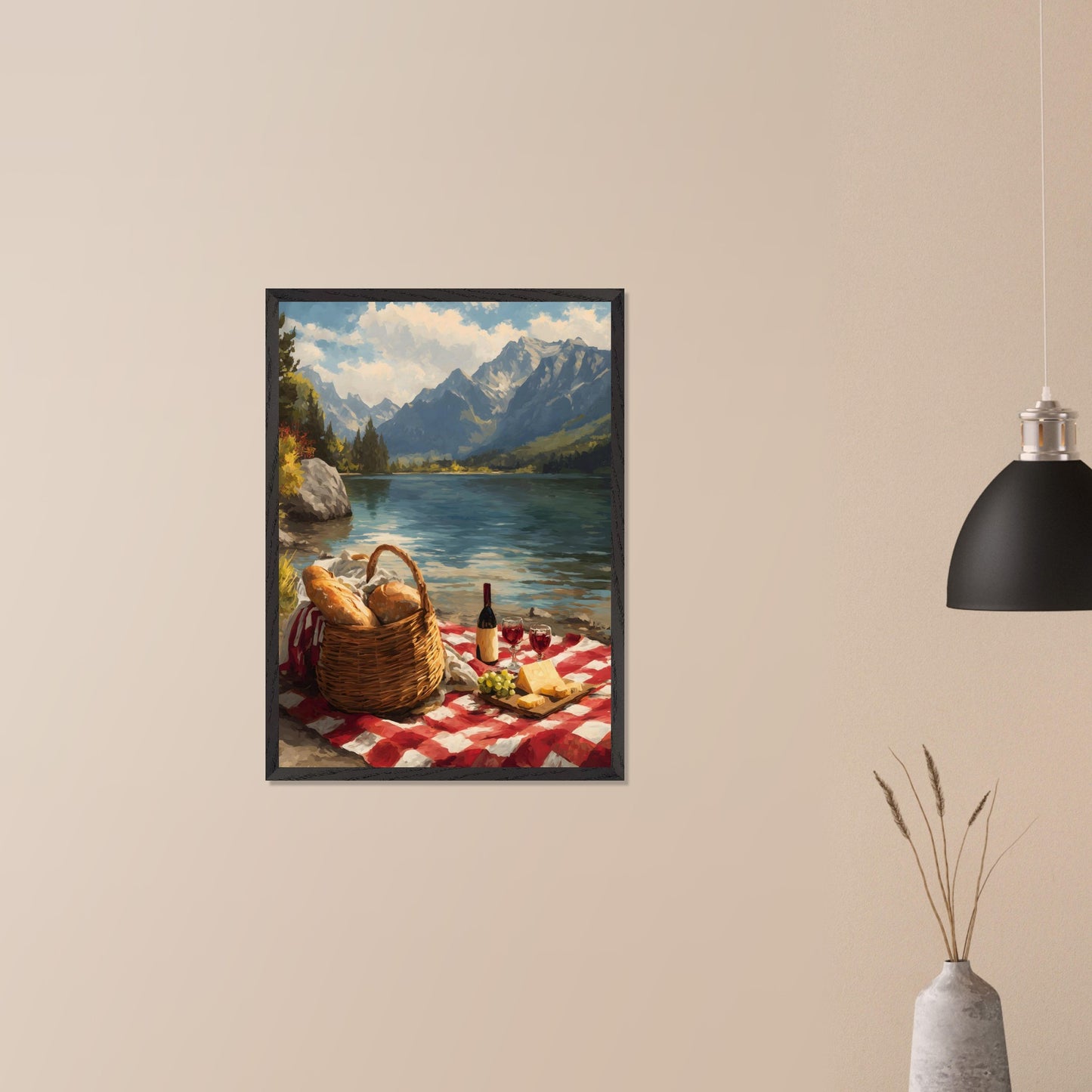 A checkered blanket lies beside a glistening lake, topped with fresh bread, wine, cheese, and grapes. Behind it all, towering mountains create a breathtaking backdrop. The scene celebrates indulgence, nature, and the timeless art of slowing down.