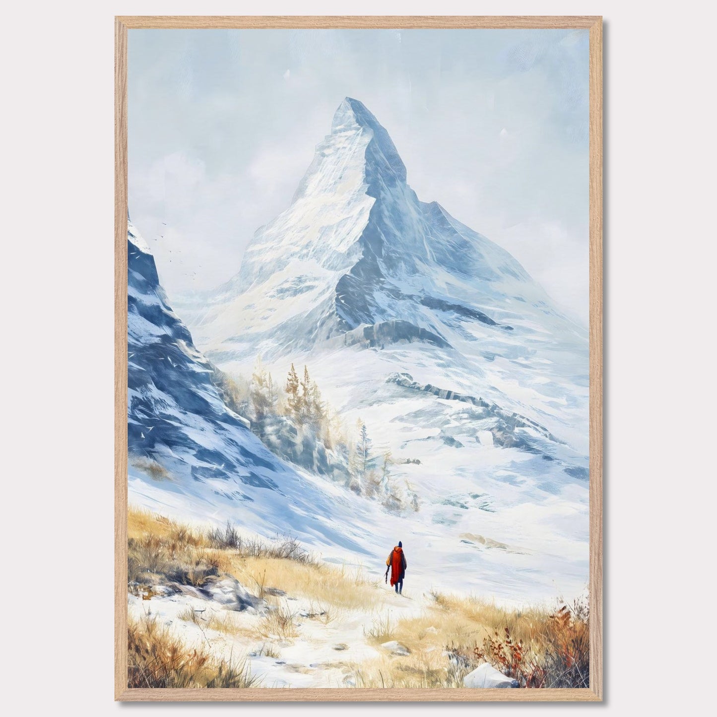 A solitary traveler in red walks toward a towering alpine peak, its icy edges kissed by winter sun. The snow-laced slope opens to a vast, crystalline silence, where motion feels reverent. This image captures the awe of ascent — a tribute to scale, solitude, and stillness.