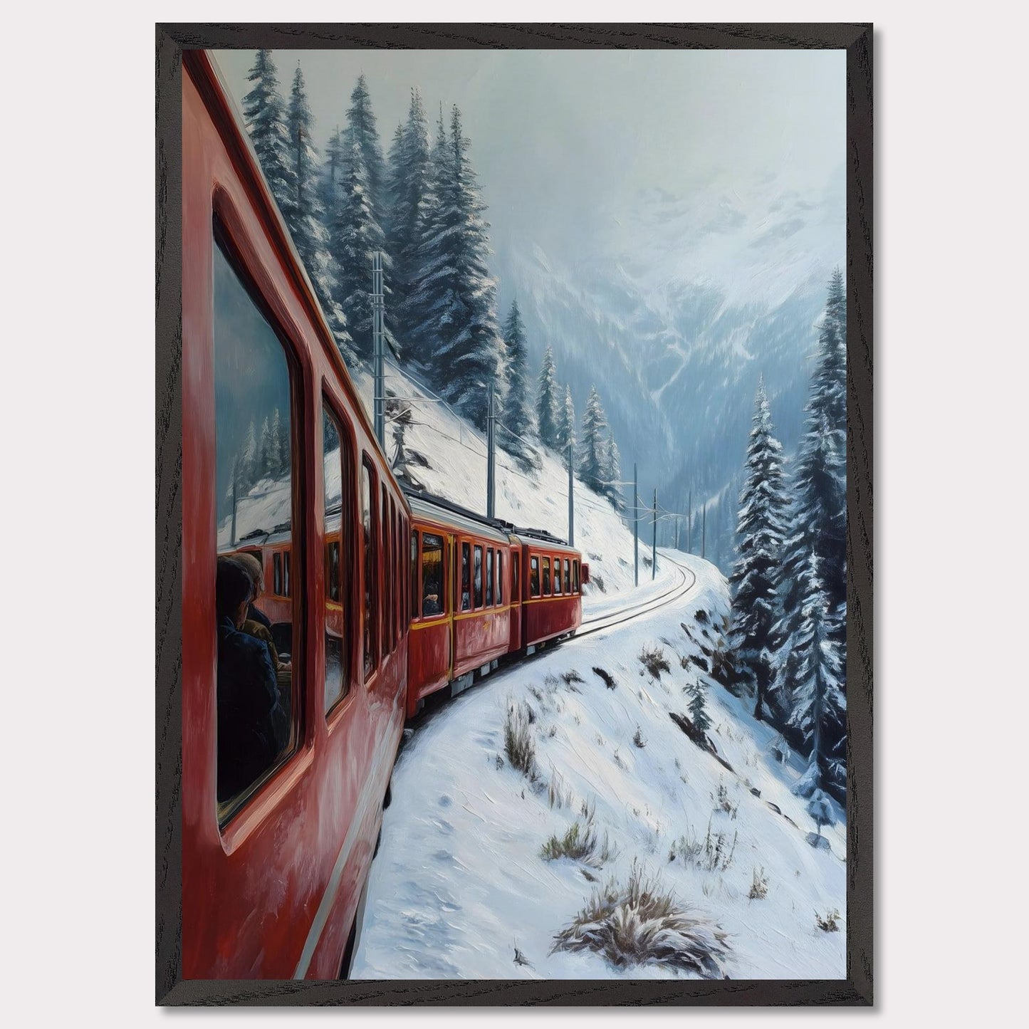 A red alpine train rounds a snow-covered bend, threading between pine-clad slopes and winter valleys. Reflections in the windows hint at warm journeys through a frozen world. This image hums with motion and memory — an homage to travel, contrast, and time.