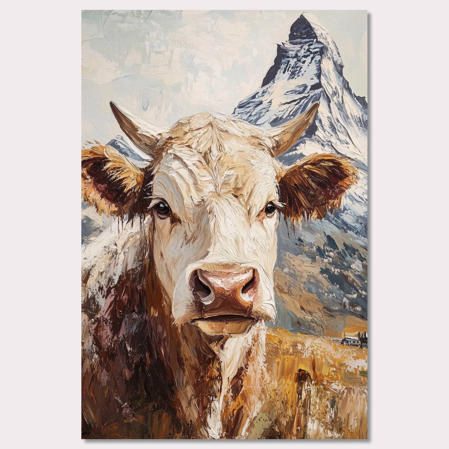 This vibrant poster celebrates the rustic charm of Swiss alpine life, featuring a close-up portrait of a majestic cow with the Matterhorn mountain towering in the background. The bold, textured brushstrokes create a painterly effect, bringing out the earthy tones of the cow and the dramatic snow-capped peak. This artwork reflects the connection between nature, rural traditions, and the iconic landscapes of Zermatt.