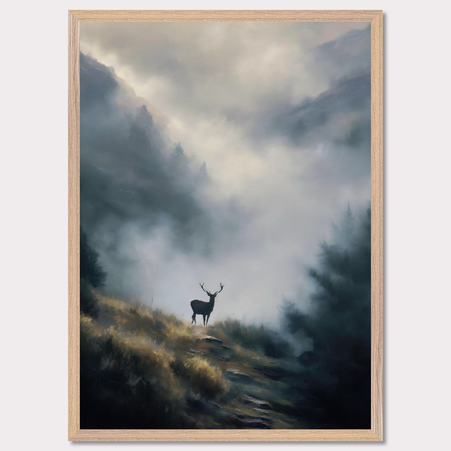 A lone stag stands poised on a highland ridge, where golden grass fades into rising fog. Pines and peaks dissolve into the mist, leaving the deer still and sovereign against the silence. This image is a quiet breath — an ode to wilderness, majesty, and mystery.