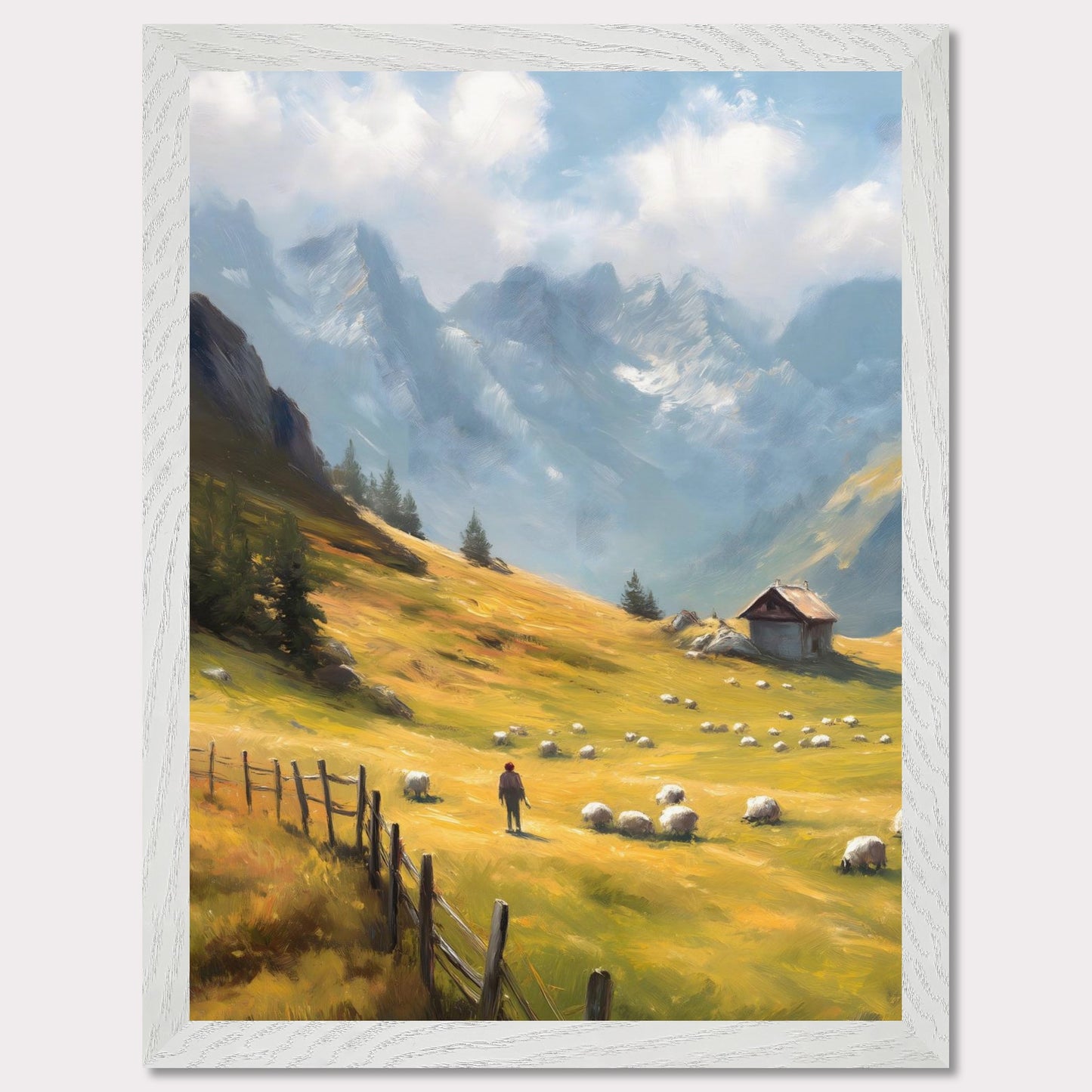 A shepherd tends his flock in a golden mountain pasture, surrounded by dramatic peaks and old-world charm. The wooden fence and cabin speak of a slower, enduring lifestyle. Bathed in warm light, this image transports viewers to a timeless Alpine morning.
