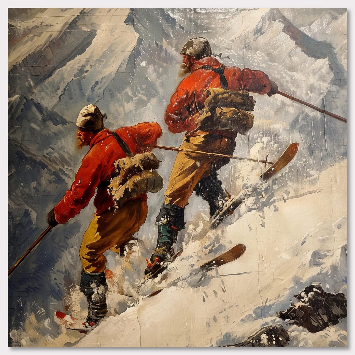 Poster titled 'Vintage skiers on the background of the Alps' from ArtDarts