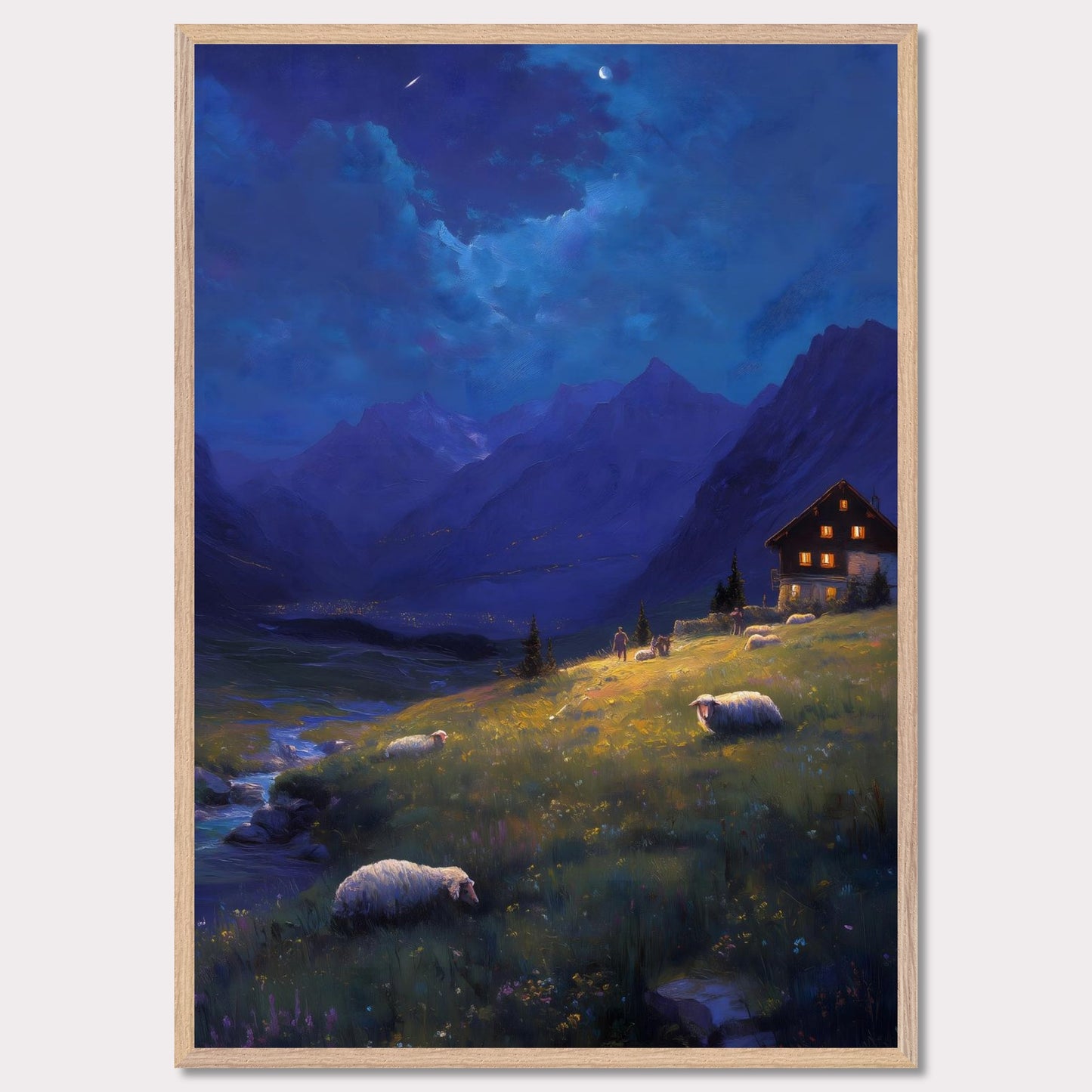 As night falls over the valley, warm lights glow from a mountain cabin, guiding the shepherd and his sheep. Above, stars begin to shimmer and the crescent moon watches from afar. A peaceful twilight symphony of solitude, nature, and quiet warmth.