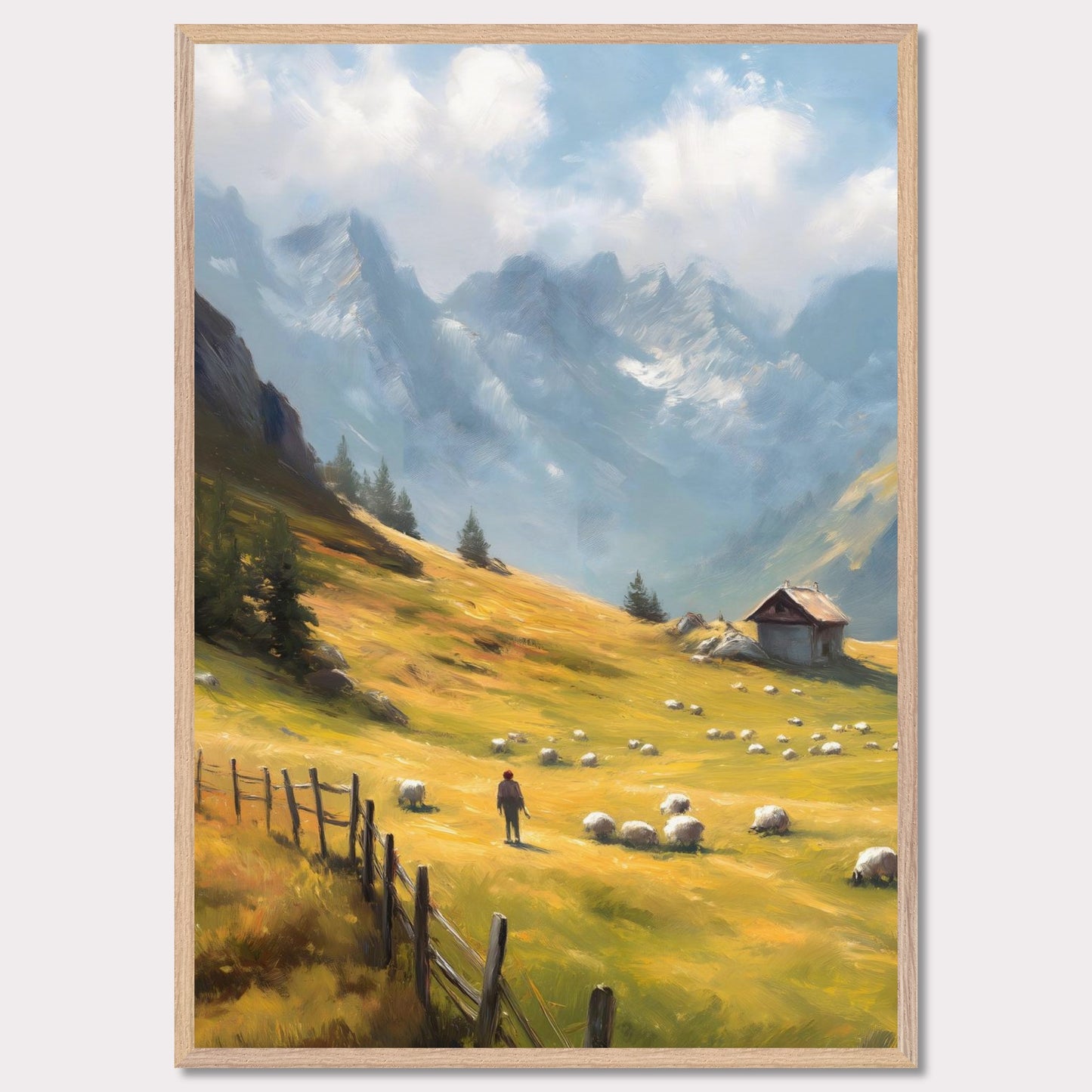 A shepherd tends his flock in a golden mountain pasture, surrounded by dramatic peaks and old-world charm. The wooden fence and cabin speak of a slower, enduring lifestyle. Bathed in warm light, this image transports viewers to a timeless Alpine morning.