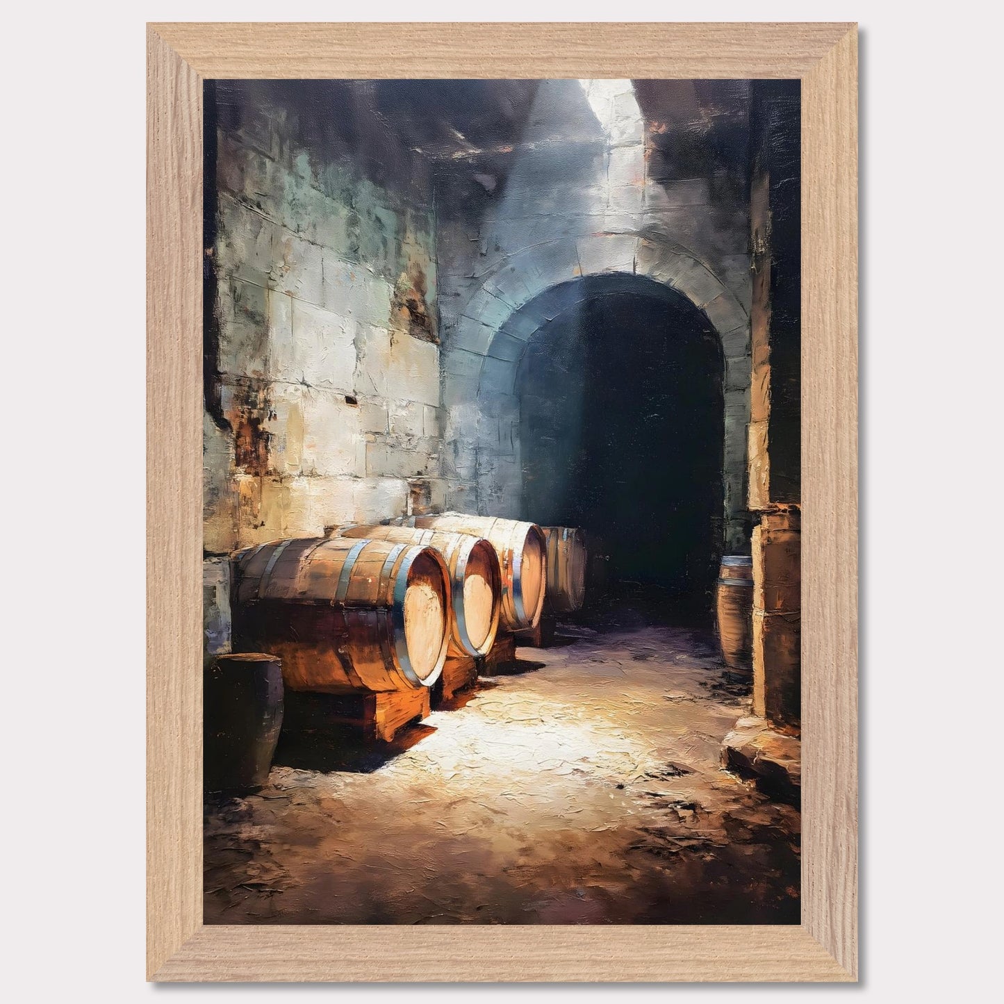 Wooden wine barrels line the stone walls of a cool alpine cellar, lit by a shaft of light from above. The silence is thick and cool. This image is a breath beneath the surface, an ode to age, earth, and time.