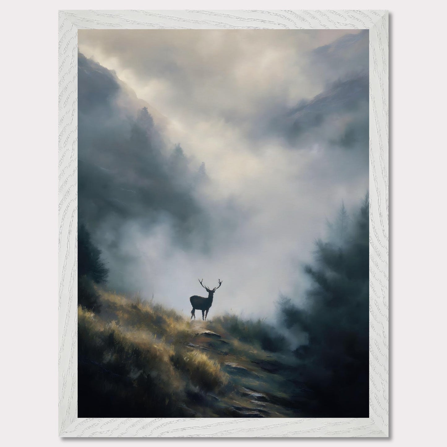 A lone stag stands poised on a highland ridge, where golden grass fades into rising fog. Pines and peaks dissolve into the mist, leaving the deer still and sovereign against the silence. This image is a quiet breath — an ode to wilderness, majesty, and mystery.