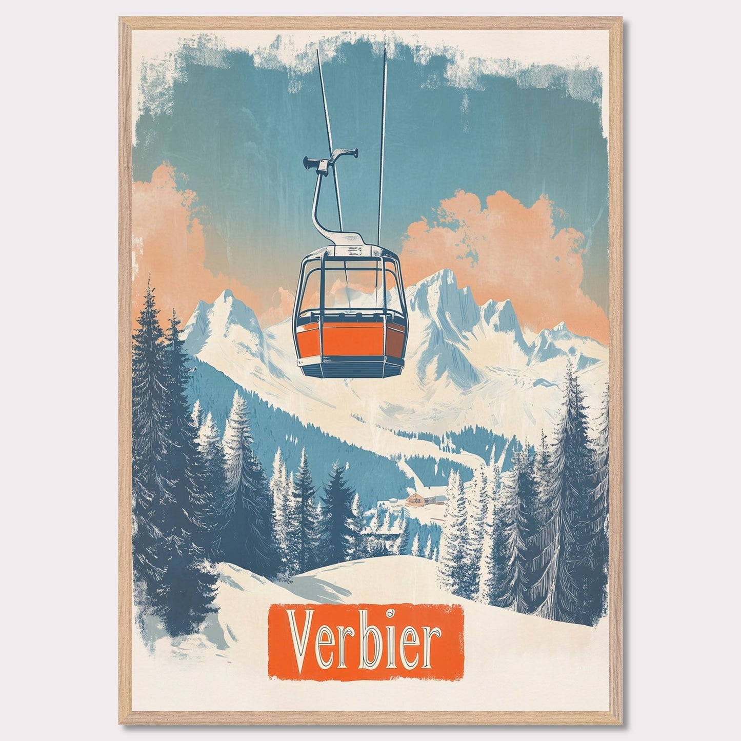 This picturesque retro-inspired poster showcases a vibrant orange gondola gracefully ascending the snowy mountainside of Verbier. The tranquil beauty of the landscape is captured with soft pastel tones in the sky, complemented by the rugged peaks in the distance. The modern gondola stands in contrast to the pristine, snow-covered trees, evoking a sense of peaceful adventure and the journey to the mountain’s summit. The vintage art style enhances the nostalgic vibe of alpine exploration.