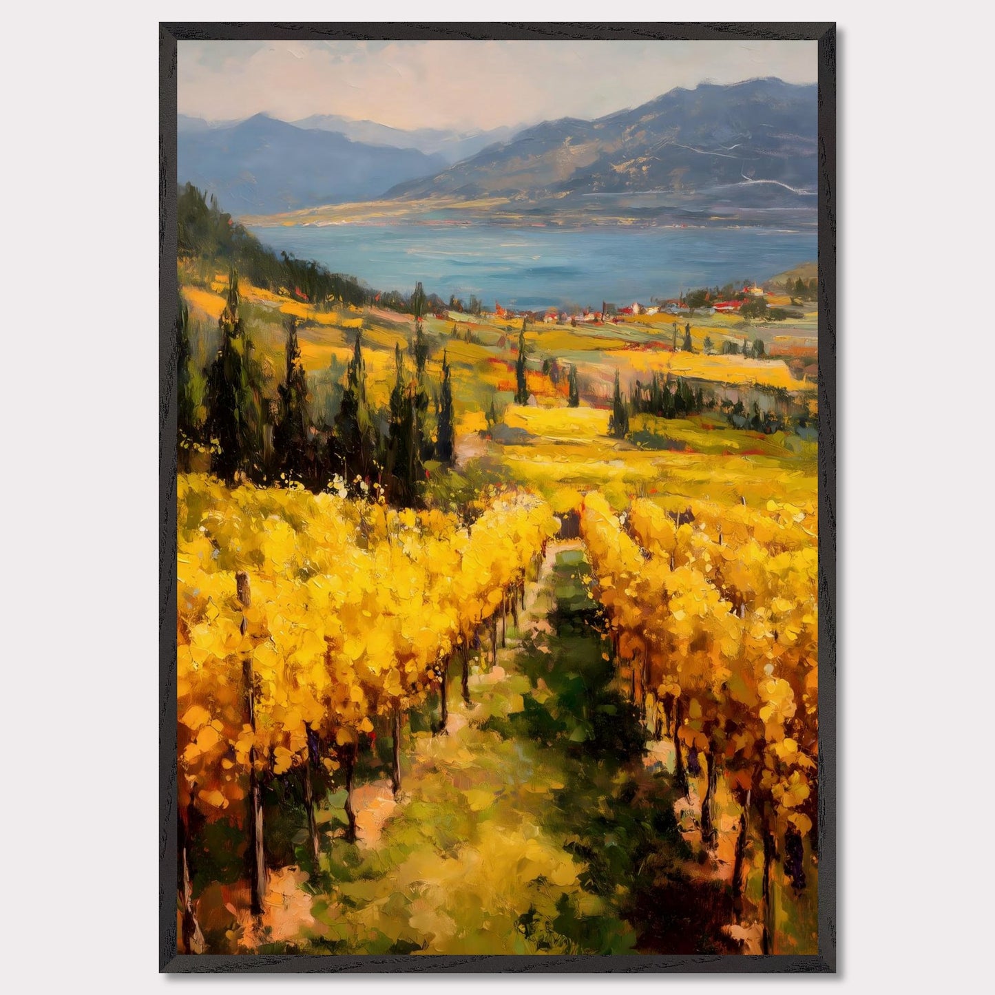 A row of sunlit grapevines leads into rolling fields above the lake. Cypress trees and red roofs add rhythm to the patchwork. This image is a painter’s geometry, an ode to land, season, and order.