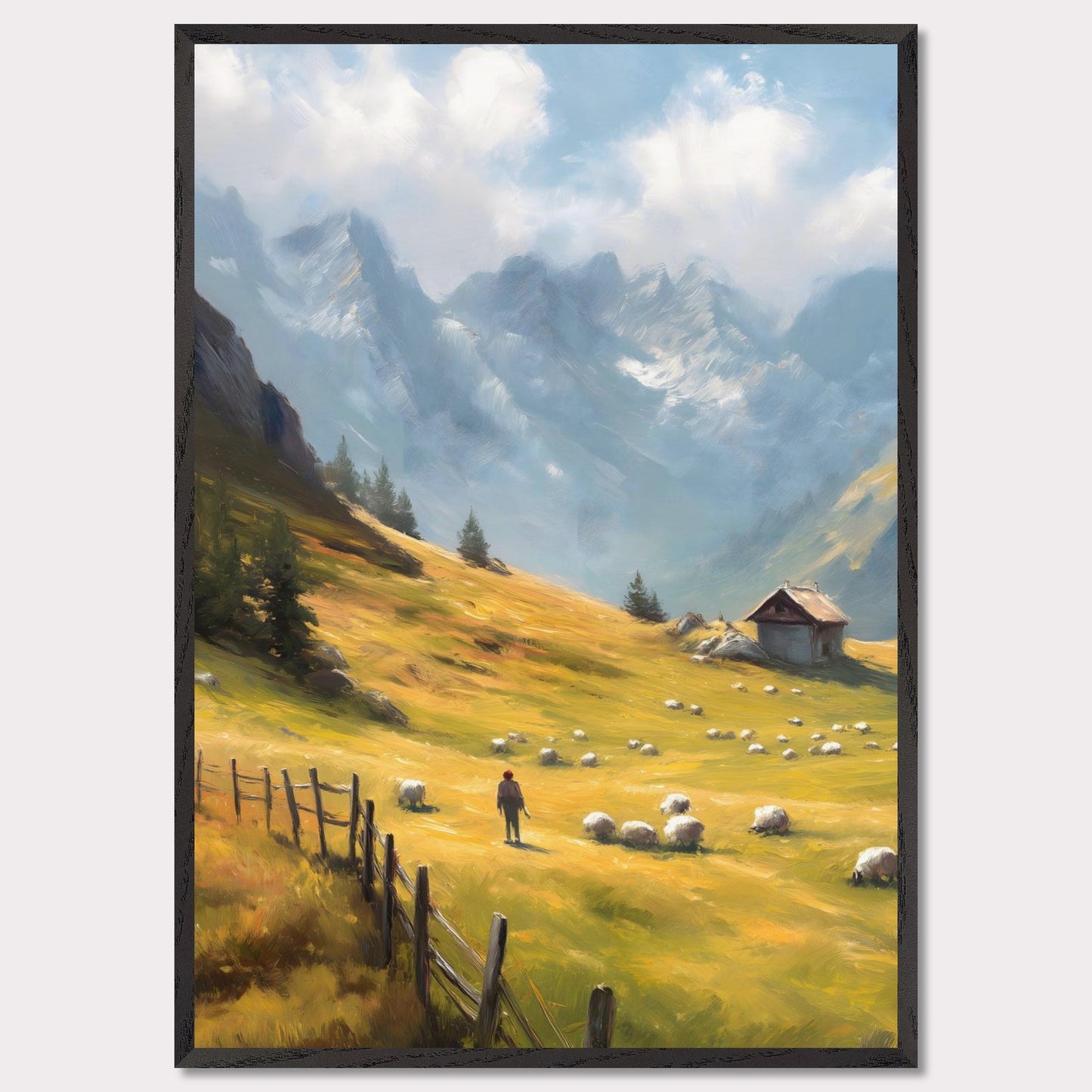 A shepherd tends his flock in a golden mountain pasture, surrounded by dramatic peaks and old-world charm. The wooden fence and cabin speak of a slower, enduring lifestyle. Bathed in warm light, this image transports viewers to a timeless Alpine morning.