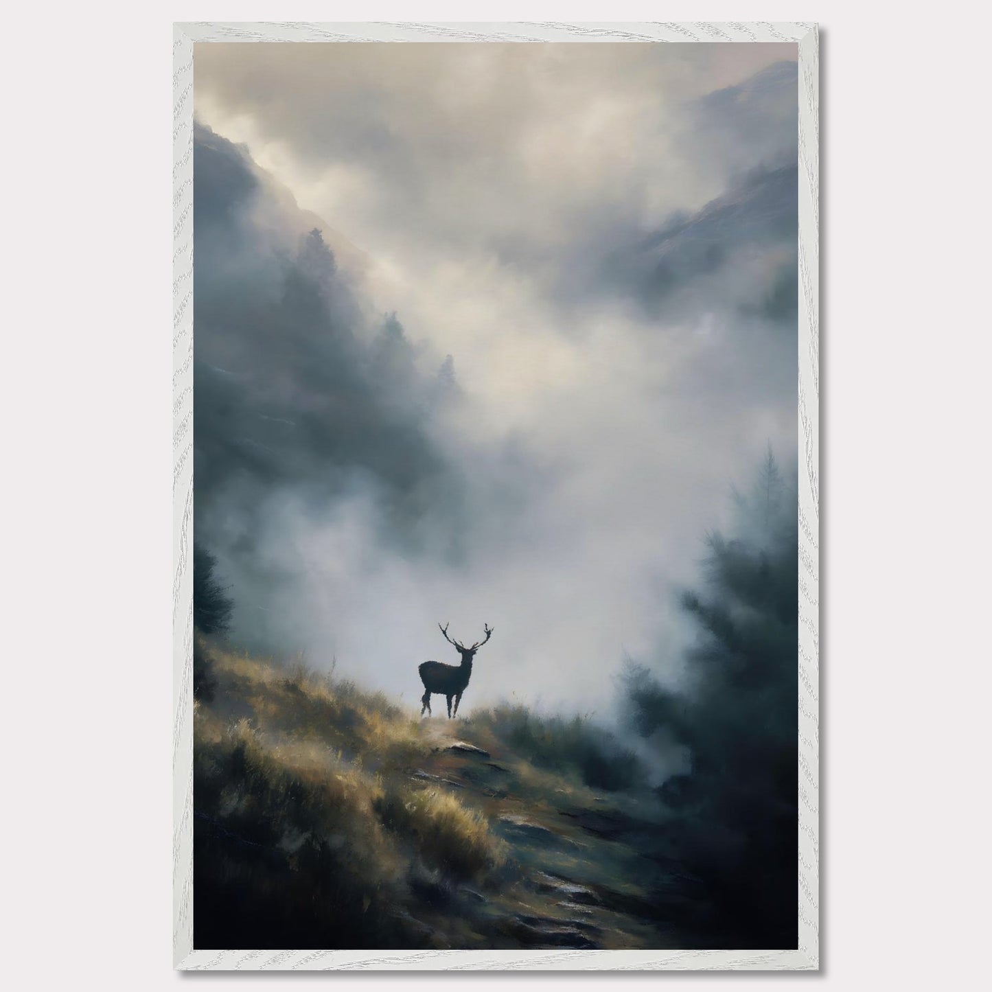 A lone stag stands poised on a highland ridge, where golden grass fades into rising fog. Pines and peaks dissolve into the mist, leaving the deer still and sovereign against the silence. This image is a quiet breath — an ode to wilderness, majesty, and mystery.