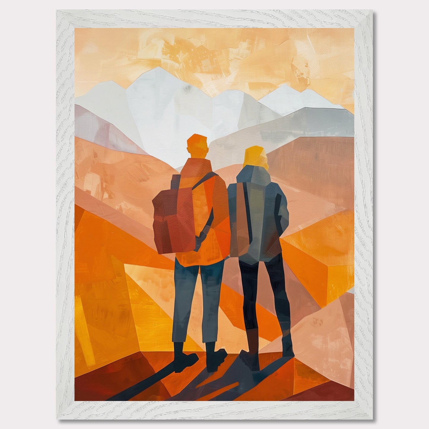 This illustration depicts two figures standing side by side, gazing at a mountainous landscape.
This poster would fit well in a living room, hallway, office, or any space that benefits from artistic and inspirational decor.