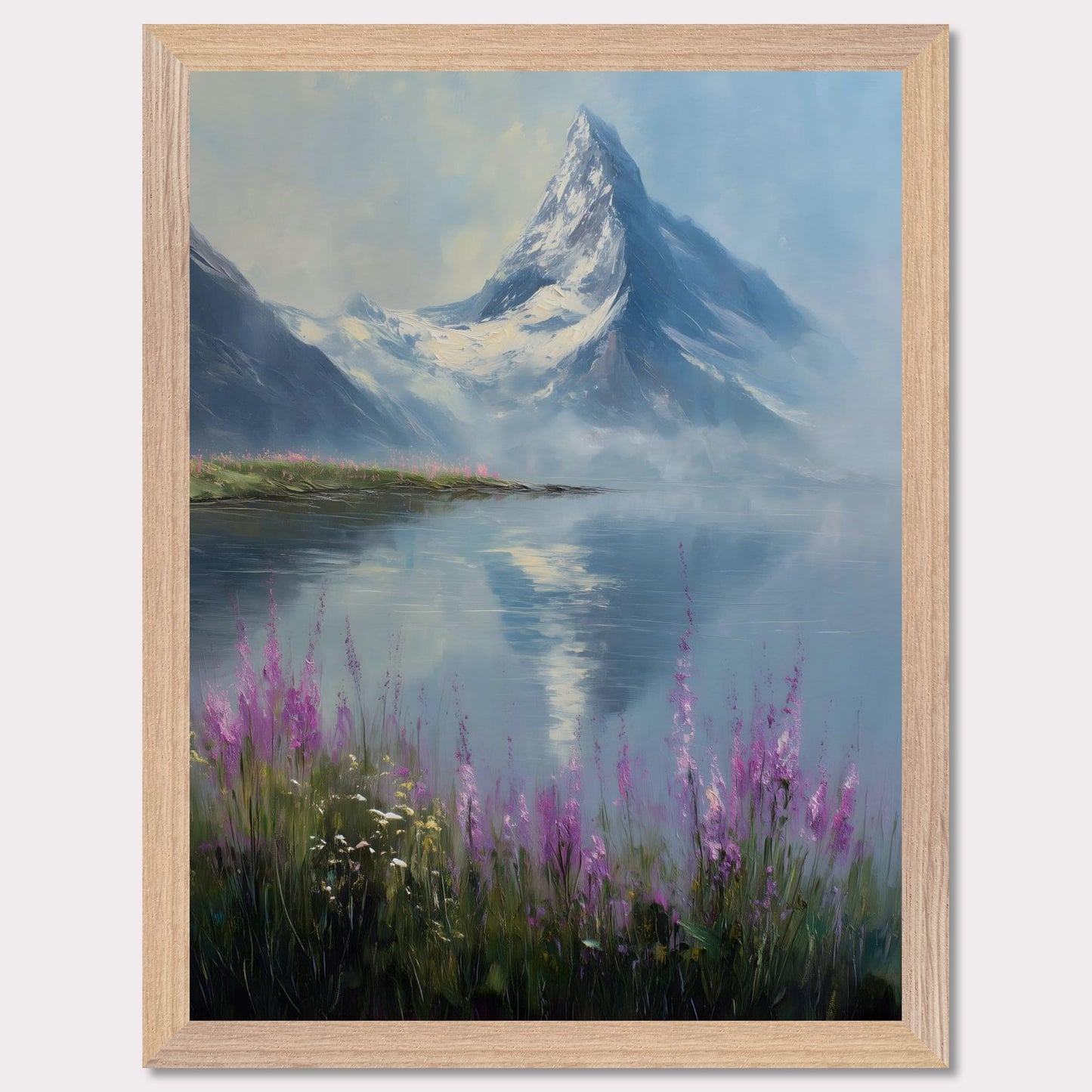 Snow-dusted Matterhorn rises over a lake fringed with fireweed in bloom. Reflections shimmer, colors merge in peace. This image is a mountain hush, an ode to bloom, ice, and awe.
