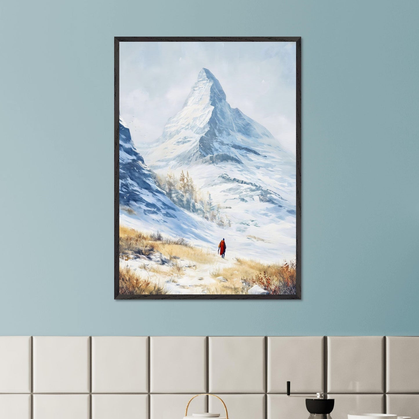 A solitary traveler in red walks toward a towering alpine peak, its icy edges kissed by winter sun. The snow-laced slope opens to a vast, crystalline silence, where motion feels reverent. This image captures the awe of ascent — a tribute to scale, solitude, and stillness.