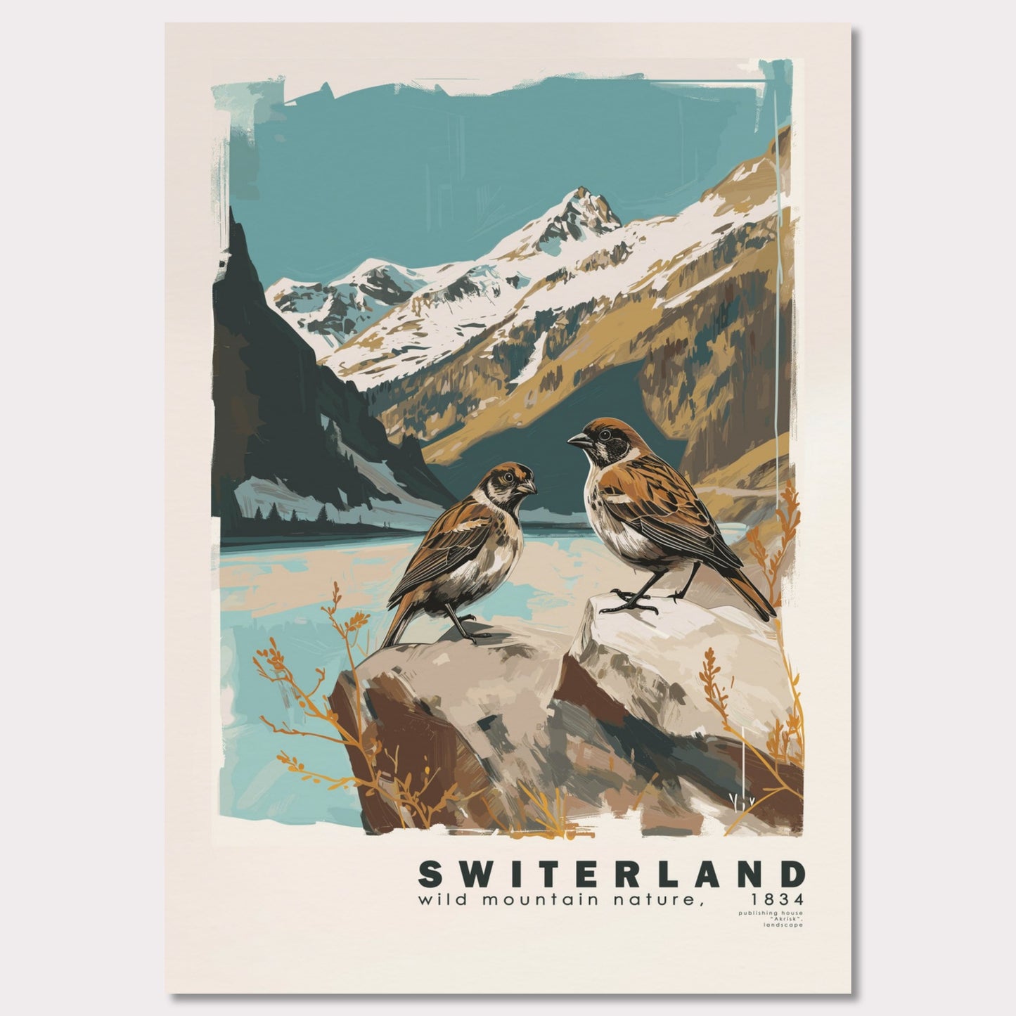 Poster titled 'Swiss Landscape with Birds Poster' from ArtDarts