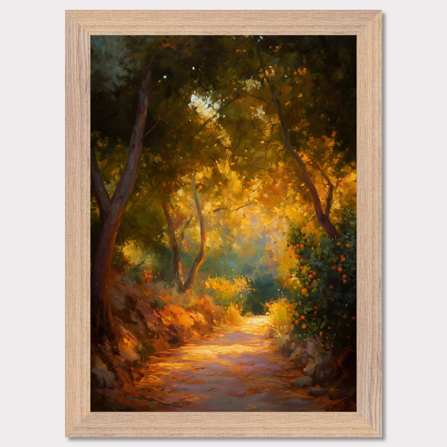 Golden leaves and oranges glow in a forested bend, where light pours through branches onto a dusty path. The trees seem to lean in to listen. This image is a slow walk, an ode to scent, light, and memory.