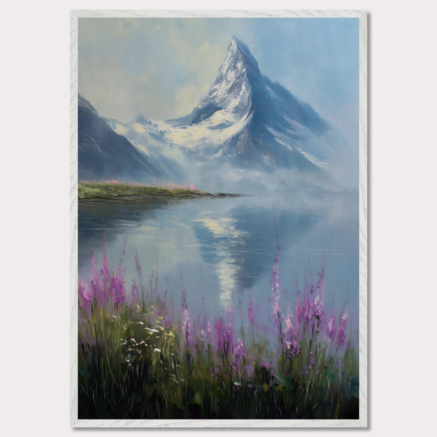 Snow-dusted Matterhorn rises over a lake fringed with fireweed in bloom. Reflections shimmer, colors merge in peace. This image is a mountain hush, an ode to bloom, ice, and awe.