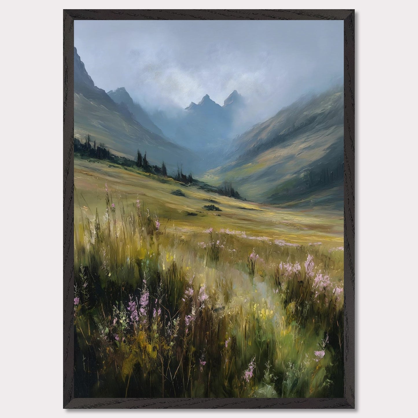 A field of tall alpine grass and soft purple blooms unfolds into misty blue peaks. There's no sign of movement, only the gentle hush of nature breathing. The scene is vast, untamed, and filled with the quiet promise of summer in the highlands.