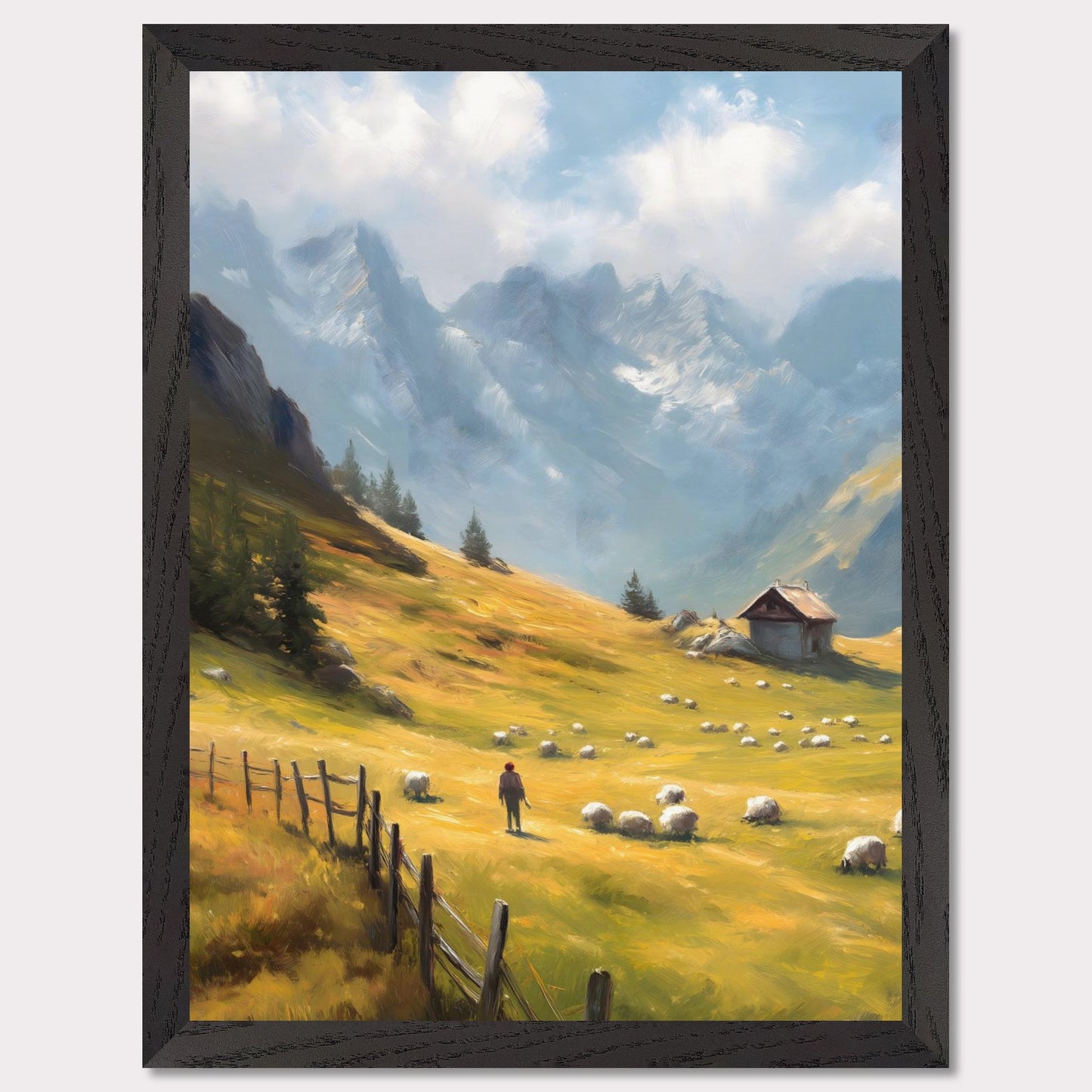 A shepherd tends his flock in a golden mountain pasture, surrounded by dramatic peaks and old-world charm. The wooden fence and cabin speak of a slower, enduring lifestyle. Bathed in warm light, this image transports viewers to a timeless Alpine morning.