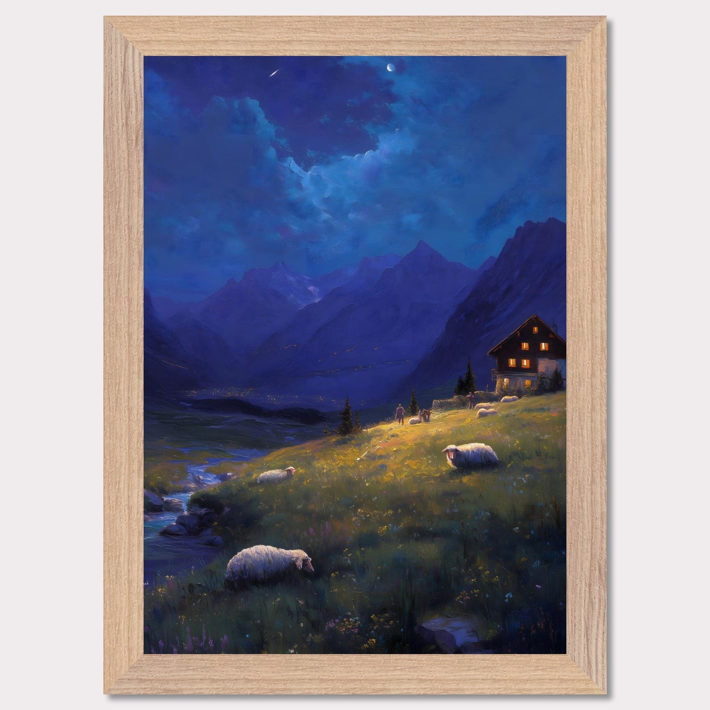 As night falls over the valley, warm lights glow from a mountain cabin, guiding the shepherd and his sheep. Above, stars begin to shimmer and the crescent moon watches from afar. A peaceful twilight symphony of solitude, nature, and quiet warmth.