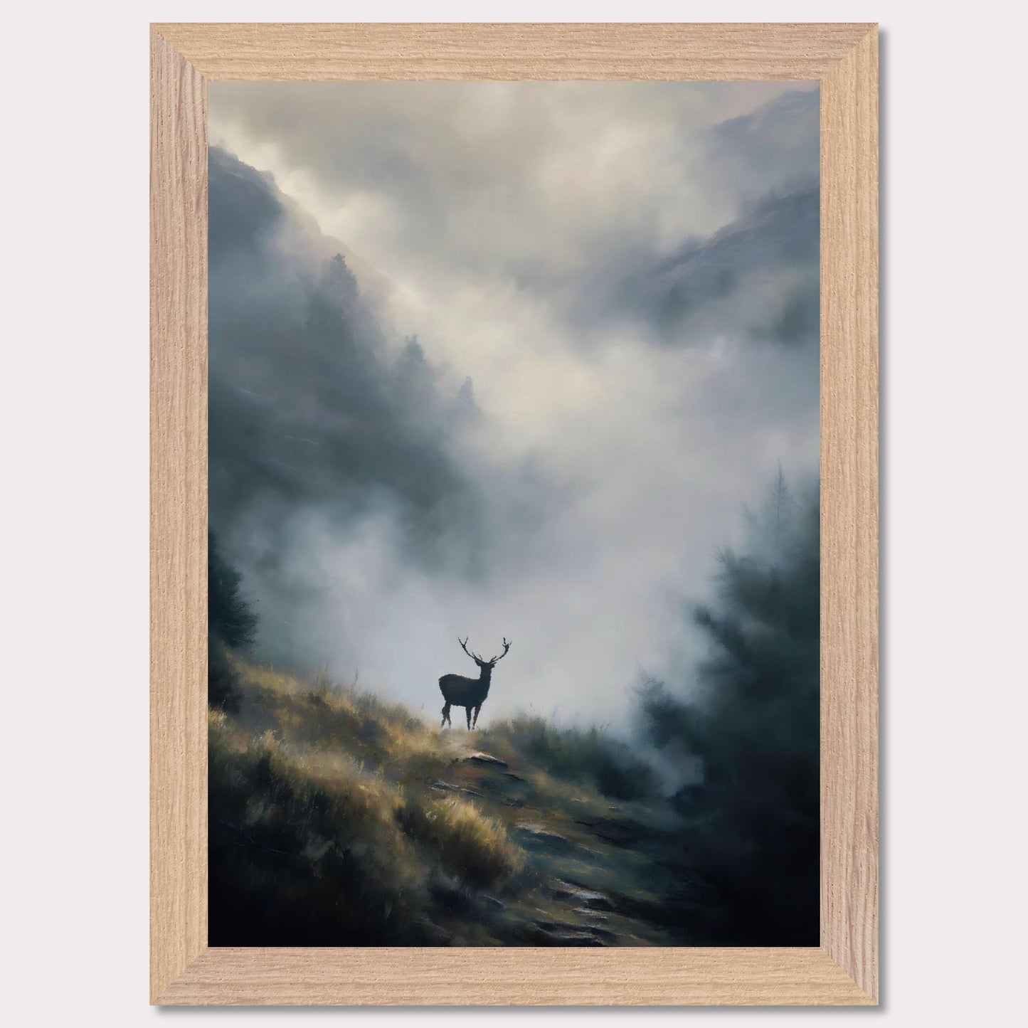 A lone stag stands poised on a highland ridge, where golden grass fades into rising fog. Pines and peaks dissolve into the mist, leaving the deer still and sovereign against the silence. This image is a quiet breath — an ode to wilderness, majesty, and mystery.