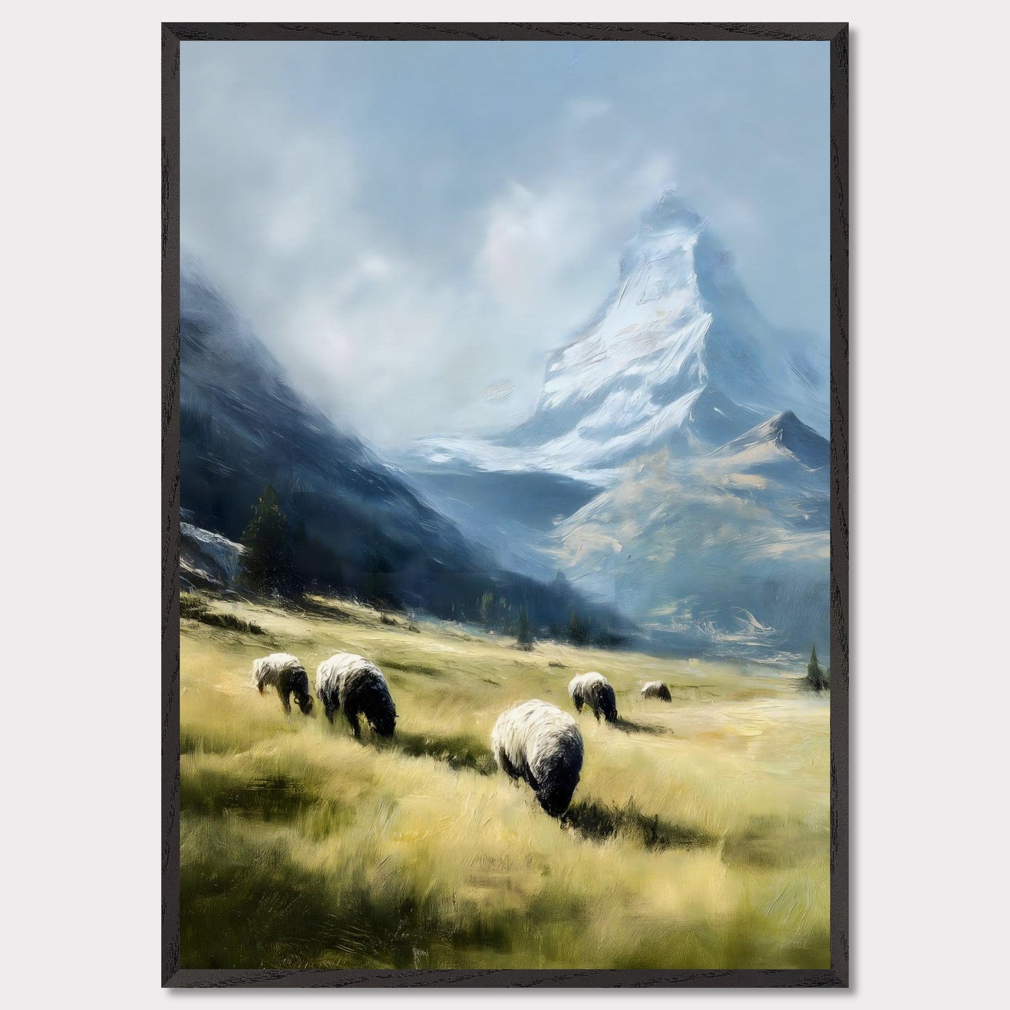 In the shadow of the Matterhorn, sheep graze peacefully on sunlit fields. This pastoral scene blends the grandeur of the Alps with the charm of rural life. The softness of the animals and golden grass contrasts beautifully with the snow-covered majesty above.