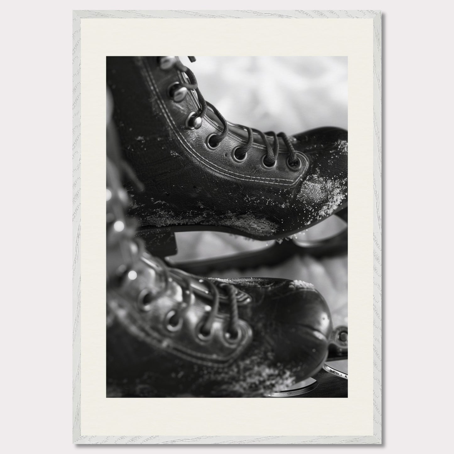 This illustration shows a close-up of a pair of ice skates with laces and blades, featuring a frosty texture. The black-and-white image captures the details of the skates, emphasizing their rugged and worn appearance.