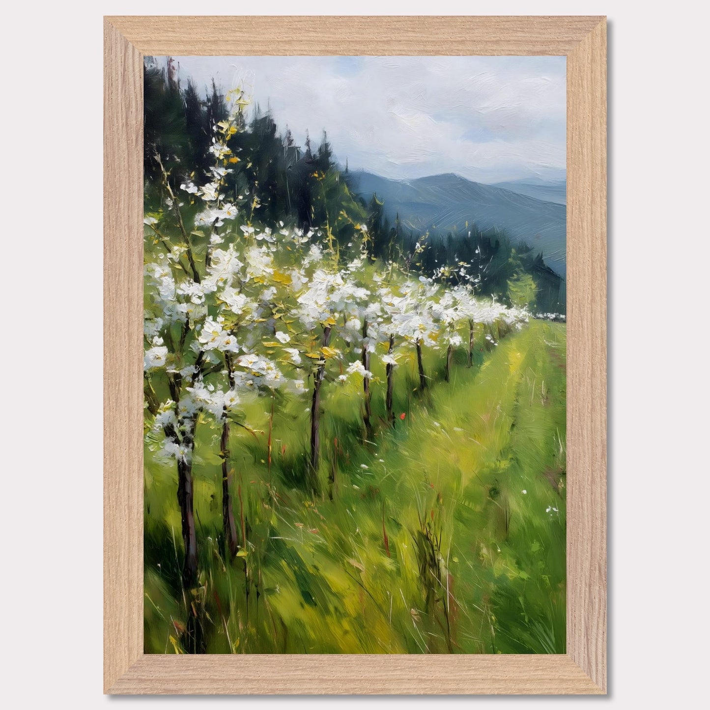 Blossoming trees line a sloped meadow, shining with spring energy. Their petals catch the light like snowflakes, while behind them rise forested hills and soft mountain silhouettes. The air feels fresh, alive, and full of renewal.