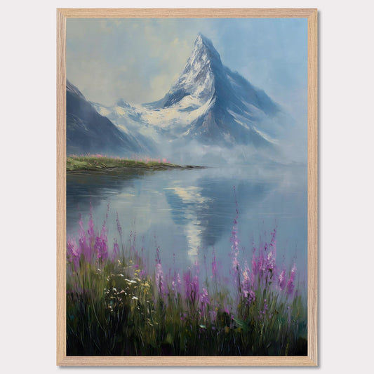 Snow-dusted Matterhorn rises over a lake fringed with fireweed in bloom. Reflections shimmer, colors merge in peace. This image is a mountain hush, an ode to bloom, ice, and awe.