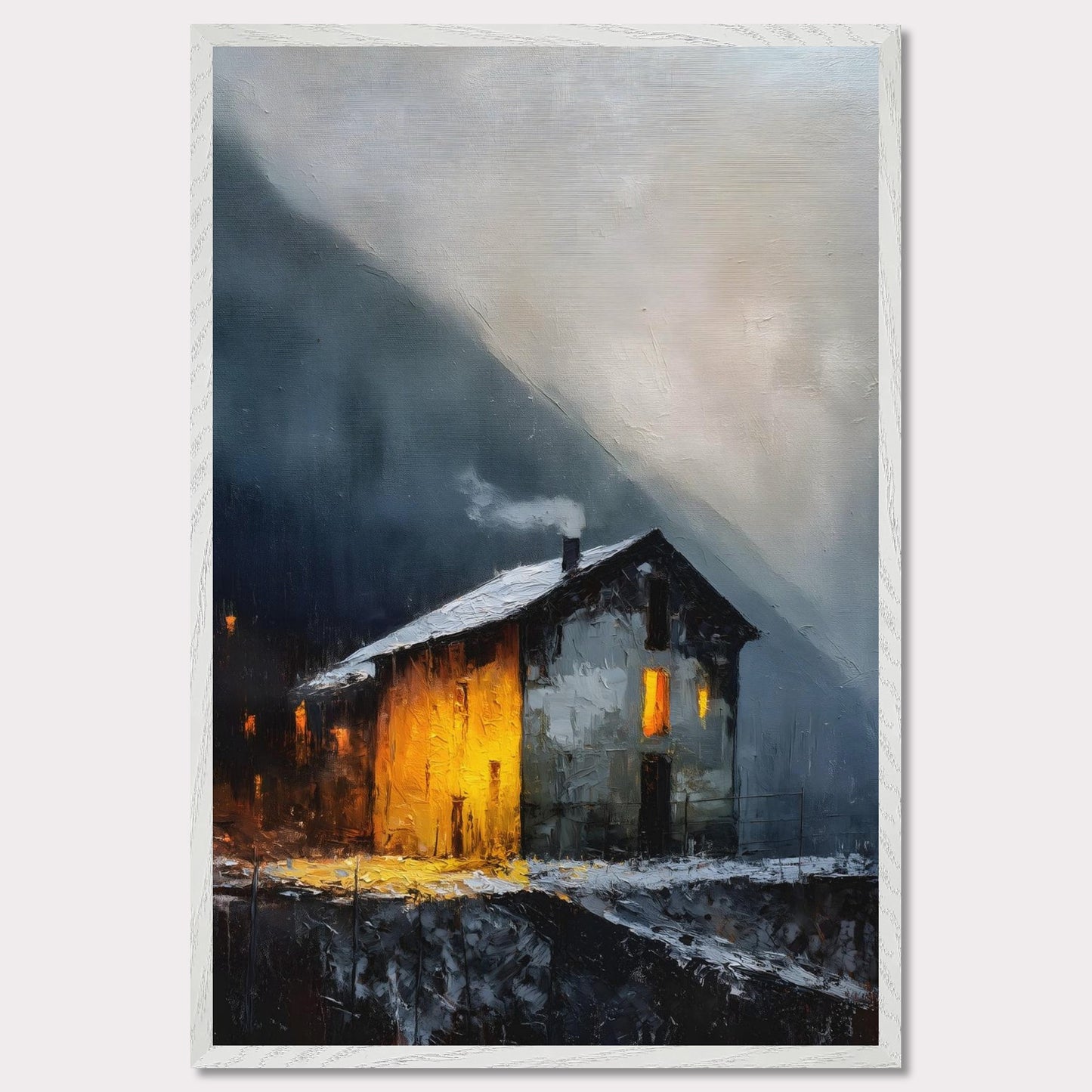 A lone alpine house burns golden against a dark and stormy backdrop. Snow lies quietly on the ground, while inside, a hearth glows with defiance and warmth. It’s a scene of refuge, strength, and a reminder that warmth is made, not found.