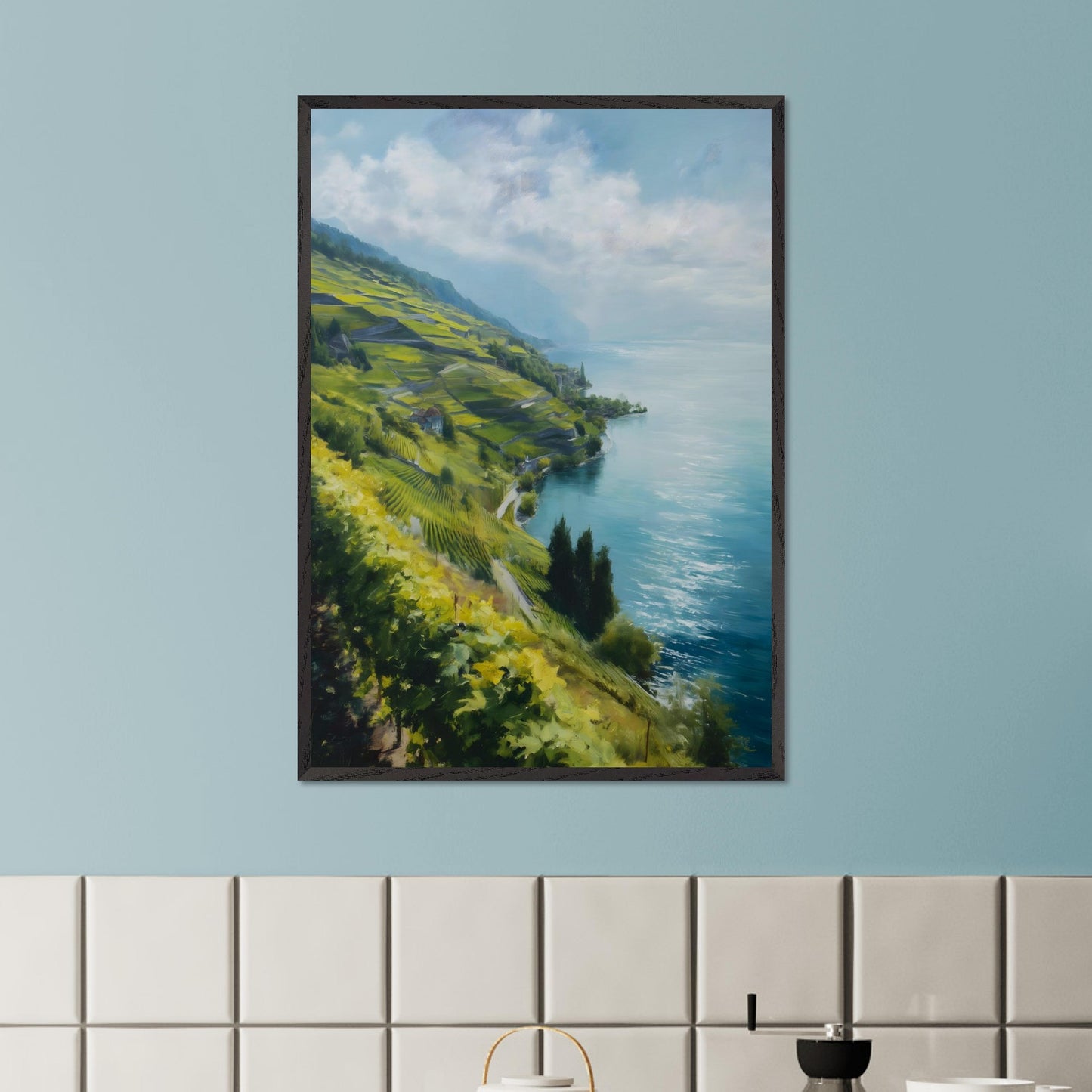 Terraced vines stretch along a quiet shore as morning mist lifts from the water. Blue tones dominate, cooled by wind. This image is a lakeside whisper, an ode to patience, form, and clarity.