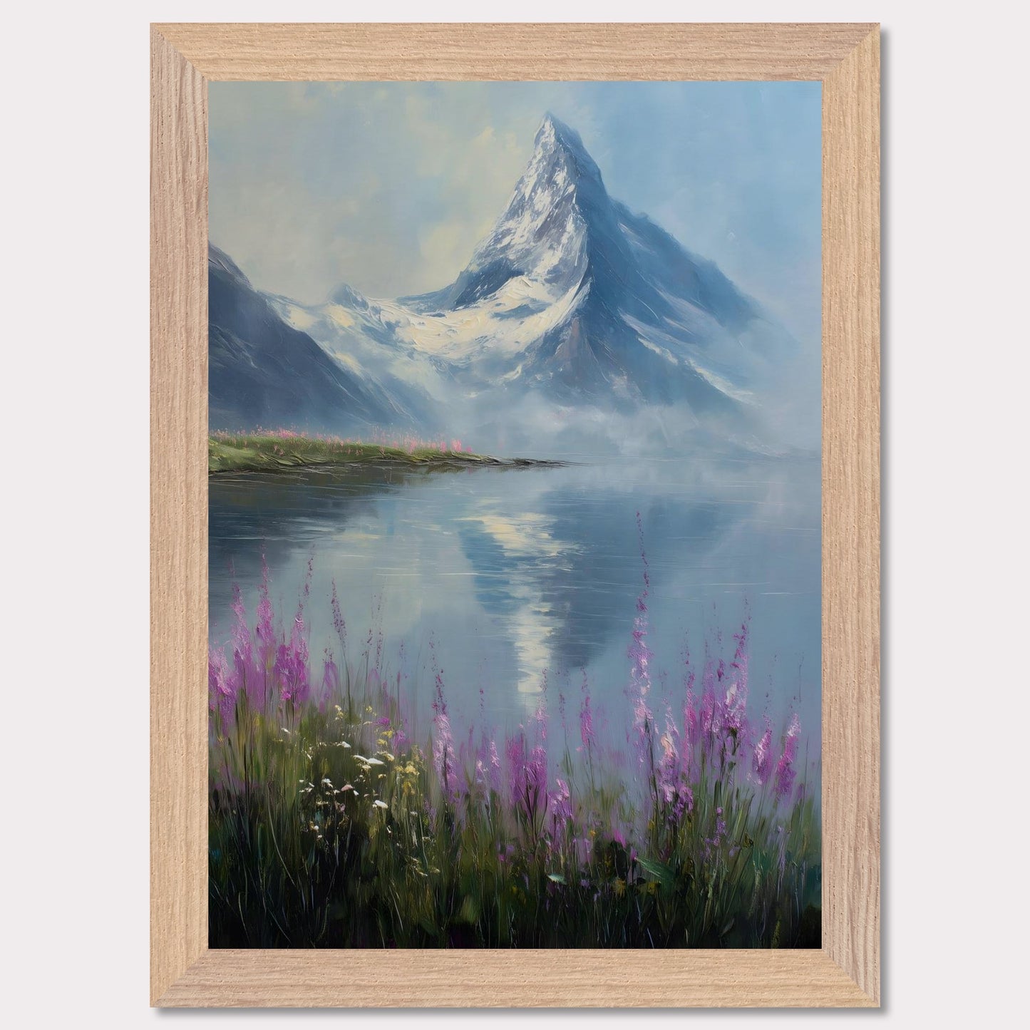 Snow-dusted Matterhorn rises over a lake fringed with fireweed in bloom. Reflections shimmer, colors merge in peace. This image is a mountain hush, an ode to bloom, ice, and awe.