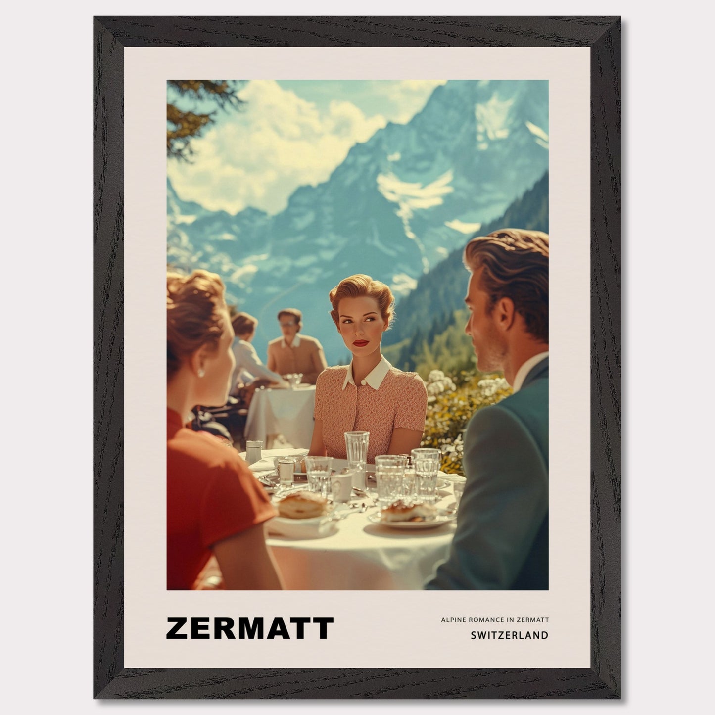 This poster transports us to a world of elegant romance amidst the mountainous landscapes of Zermatt, Switzerland. At the center of the scene is a refined woman with a romantic, enigmatic gaze directed at the man across the table on a café terrace, set against the majestic backdrop of the Alps.