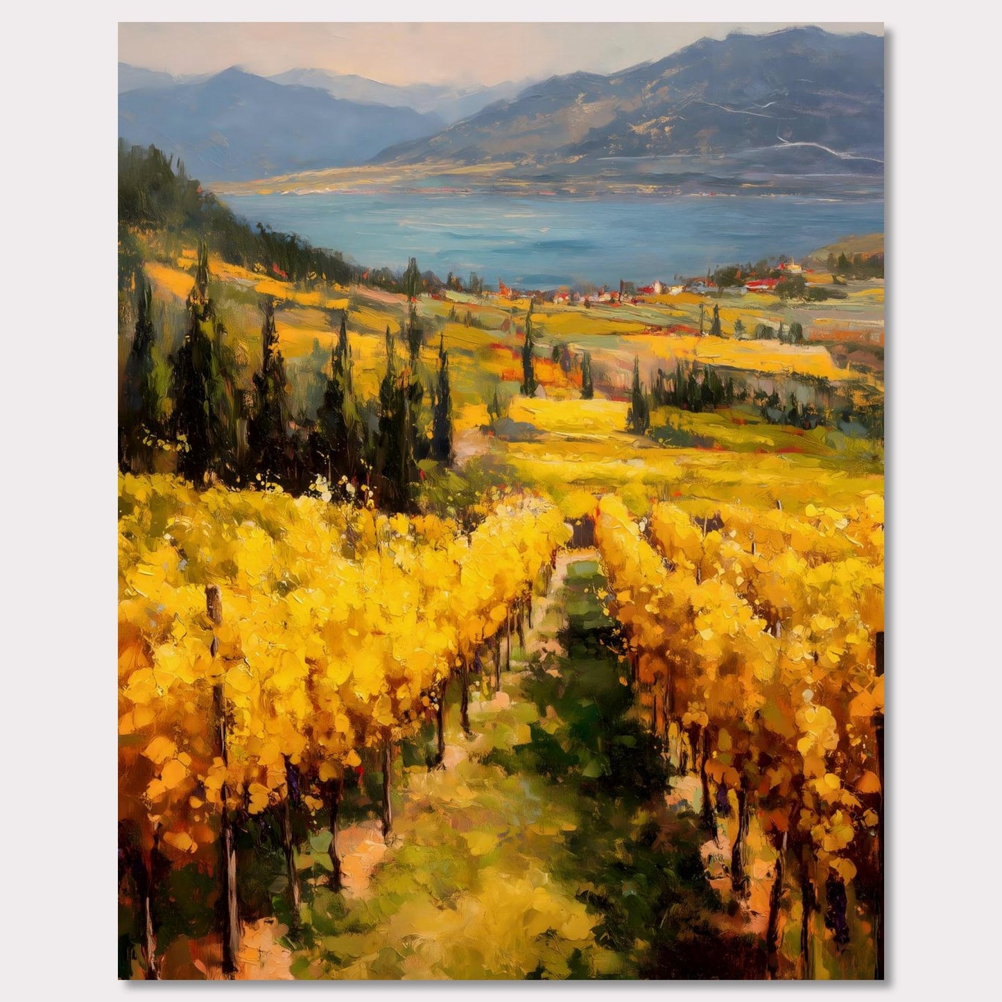 A row of sunlit grapevines leads into rolling fields above the lake. Cypress trees and red roofs add rhythm to the patchwork. This image is a painter’s geometry, an ode to land, season, and order.